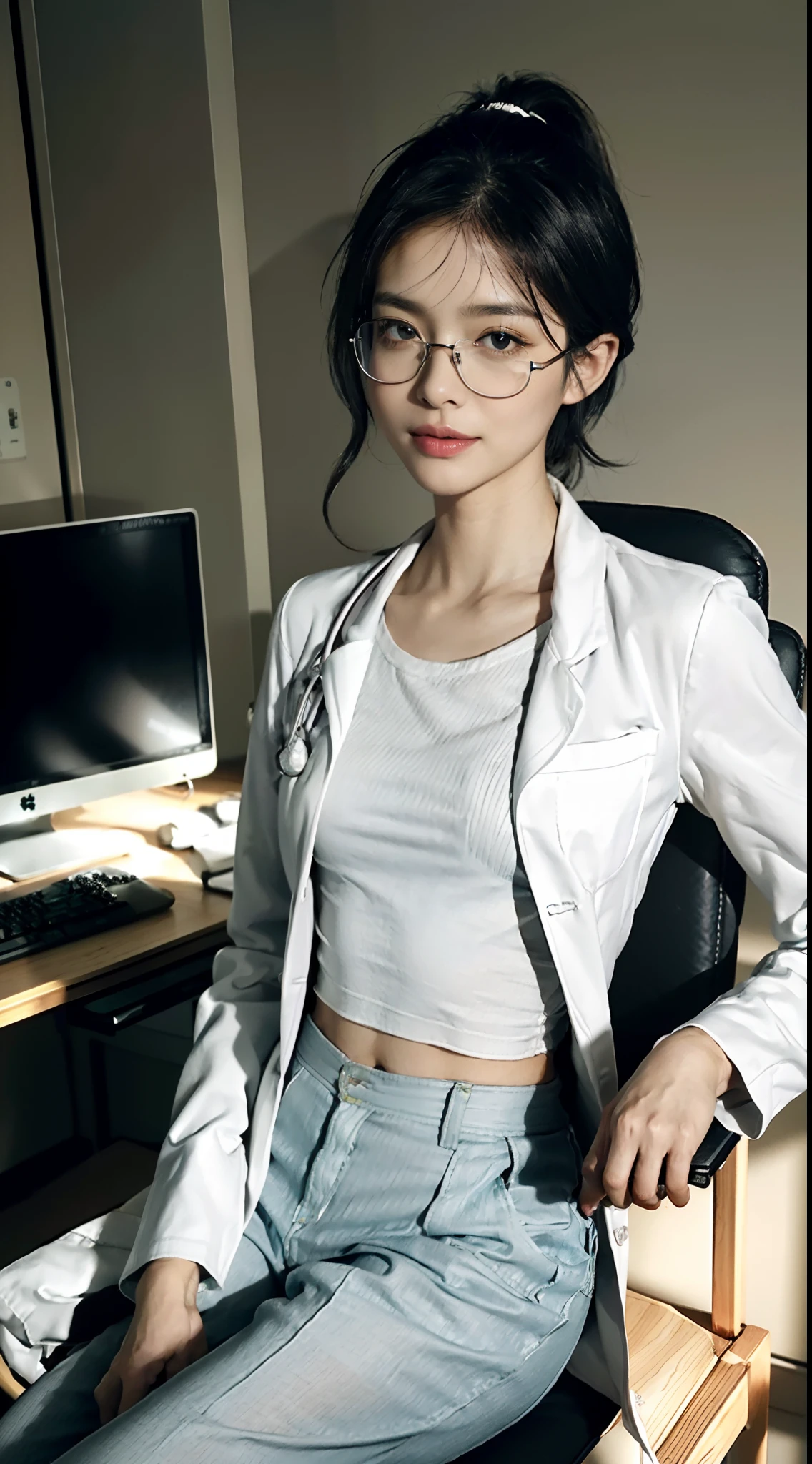 ((Small underboob)), (shoulder-length straight short hair: 1.1),(black hair:1.5),Upper body, （Extremely meticulous CG 8k wallpaper），（Extremely refined and beautiful），（Masterpiece），（best qualtiy：1.0），（Ultra High Resolution：1.0），beautiful light up，Perfect lightning，realistic shaded，[A high resolution]，Smooth and flawless fair skin，Extremely exquisite facial details，（perfect body：1.1），ultra - detailed,A beautiful girl，small head,(Small breasts:1.1)，Flat chests，slim，thin，Smile，cheerfulness,(doctor's white coat:1.7),(surgical shirt and pants:1.4),autumn,Morning,A female doctor,(short ponytail:1.1),wearing glasses,Medical mask,In a dilapidated hospital，In the office,(Sitting in a chair next to the computer:1.5),Close Shot,(a lot of money on the table:1.5),cowboy shot,Portrait above chest level