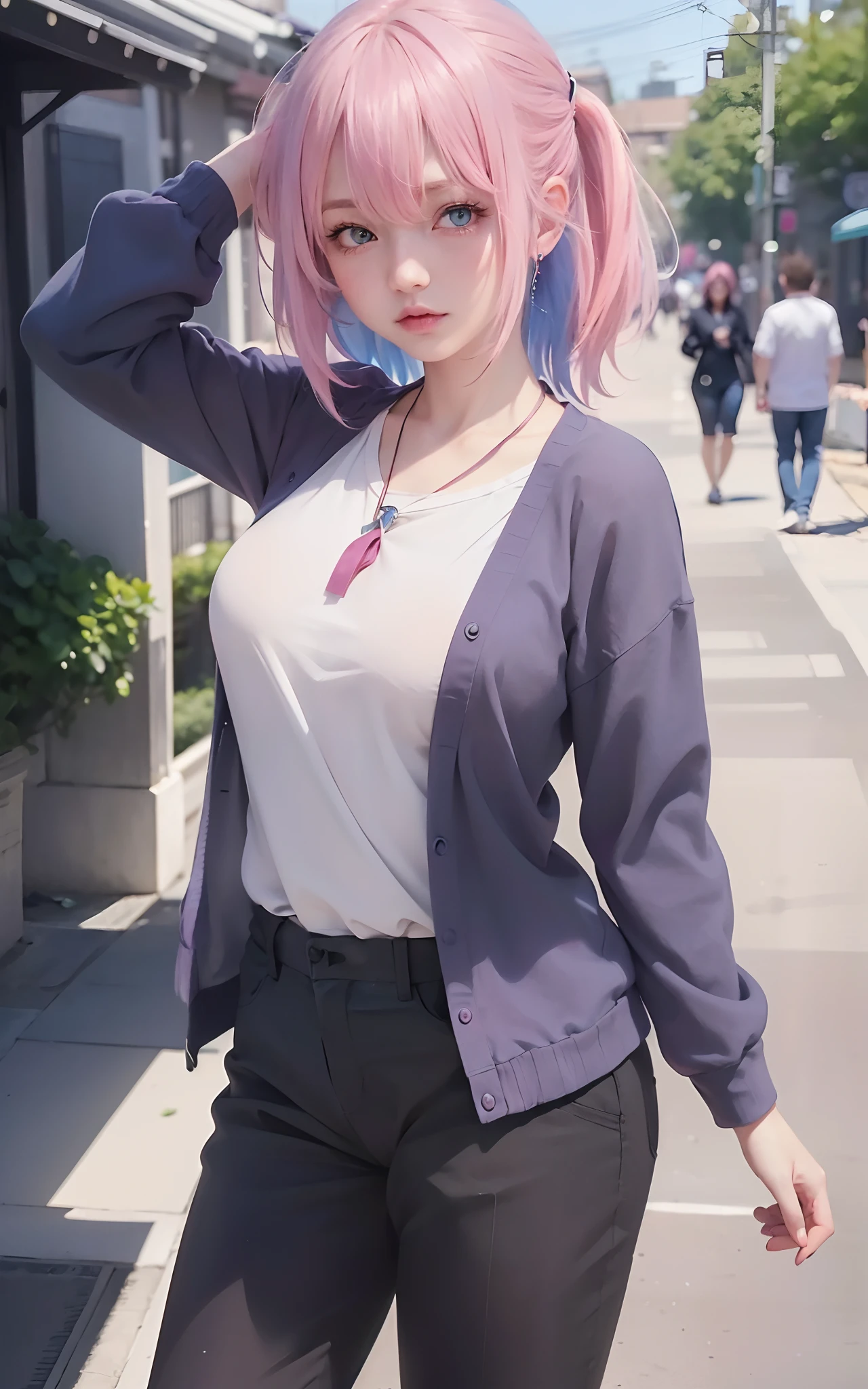 best quality, ultra high res, (photorealistic:1.4), 8k resolution, girl, (pink hair:1.3) , realistic blue eyes, (realistic hair:1.2), (Korean girl:1.2), (realistic eyes:1.2), (beauty face:1.3), perfect body, white pale skin, small breast, cleavage, , (eyes looked up:1.3), petite , Sports bikini, flat chest