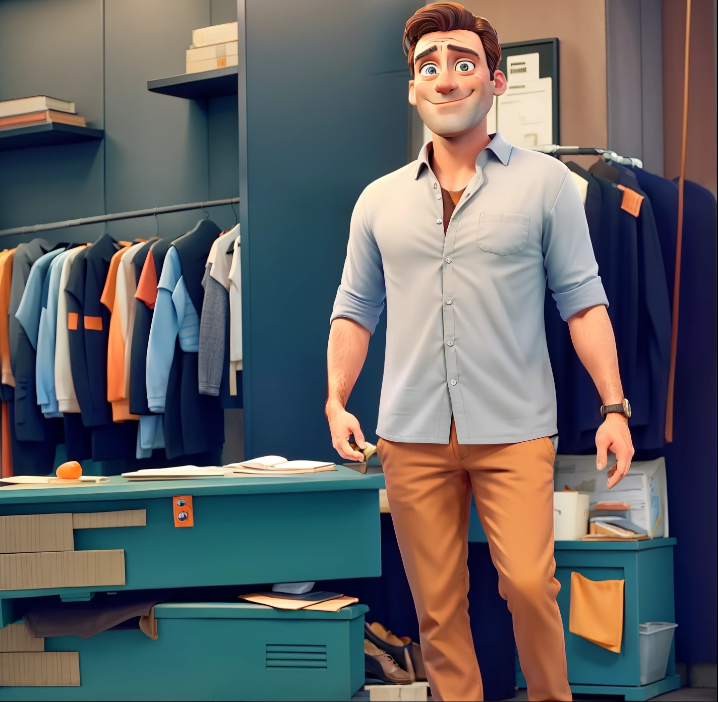 Jon Hamm dressed in an orange shirt and black pants, sorrindo e apontando para o lado com o dedo indicador