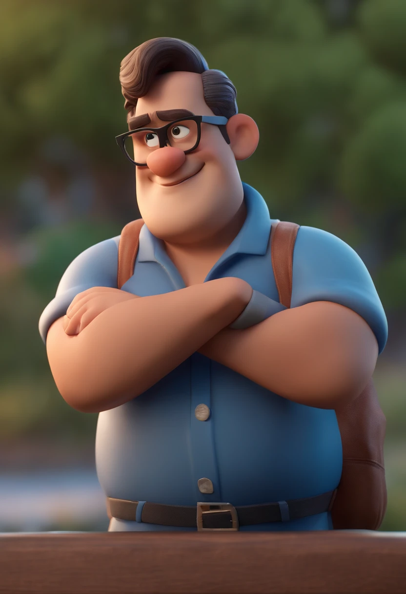 Cartoon character of a man wearing silver glasses a blue shirt, um personagem animado, Caractere estilizado, animation style rendering, 3D estilizado, Arnold Maya render, 3 d render stylized, toon render keyshot, Personagem 3D, Personagem 3D, 3d rendering stylized, 3 d character render, personagem de desenho animado, Personagem de close up, Pose de personagem, (Estilo Pixar) (master part:1.2) (Bokeh) (best quality) (pele detalhada) (textura detalhada) (8k) (argila) (Cinematic lighting) (foco nítido,Senta e vaza a parte superior do corpo) enfermeiro, calvo
