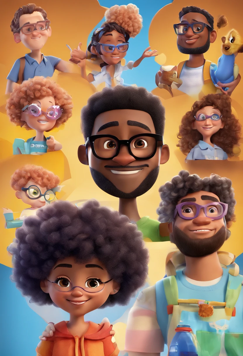 Estilo Pixar: Adult black man with glasses, A curly-haired child with black eyes , A white woman plus size curly hair with glasses ,3D Poster,Disney