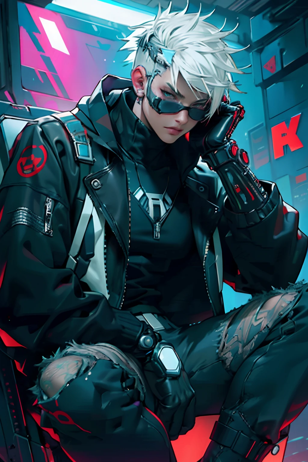 ((Best quality)), ((masterpiece)), ((realistic)), ((beautiful female)), (punk jacket:1) dark theme, closeup face focus, ultra realistic futuristic cyberpunk muscular female white hair sitting on throne, cyberpunk face (intricate black skull face:1), cool cybernetic punk jacket, red neon, shirtless,  mechanical, natural lighting, bokeh, 8k, best quality, masterpiece, ultra sharp, (female focus:1.1), (milf:1.3), (arrogant woman:1.4)