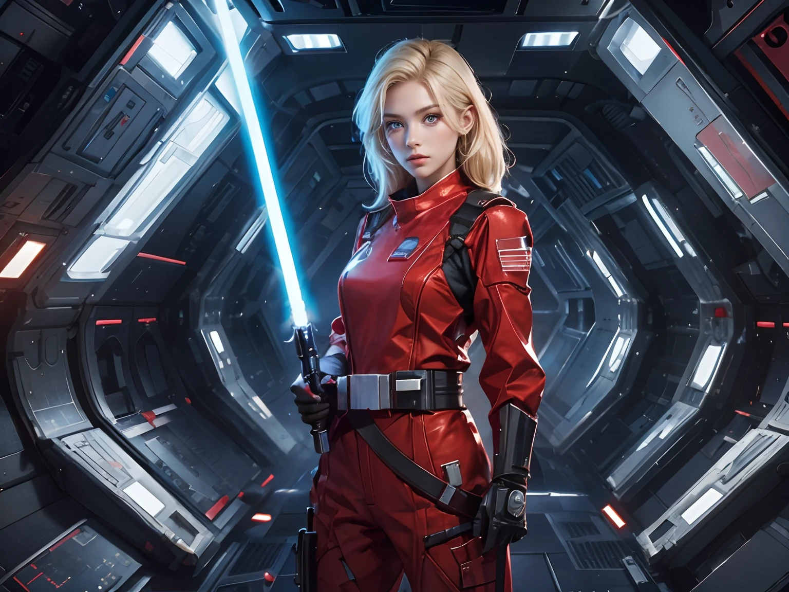 only draw one beautiful woman.A beautiful woman with a lightsaber. Twenty years old. Blonde hair and blue eyes. He wears red metallic combat uniform. She's inside a spaceship.