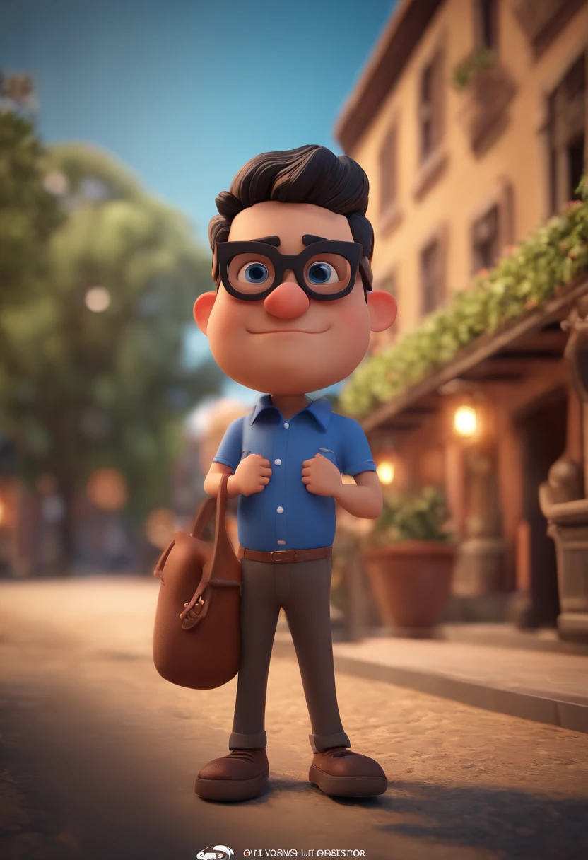 Cartoon character of a man wearing black glasses and a blue shirt, um personagem animado, Caractere estilizado, animation style rendering, 3D estilizado, Arnold Maya render, 3 d render stylized, toon render keyshot, Personagem 3D, Personagem 3D, 3d rendering stylized, 3 d character render, personagem de desenho animado, Personagem de close up, Pose de personagem, (Estilo Pixar) (master part:1.2) (Bokeh) (best quality) (pele detalhada) (textura detalhada) (8k) (argila) (Cinematic lighting) (foco nítido,Senta e vaza a parte superior do corpo