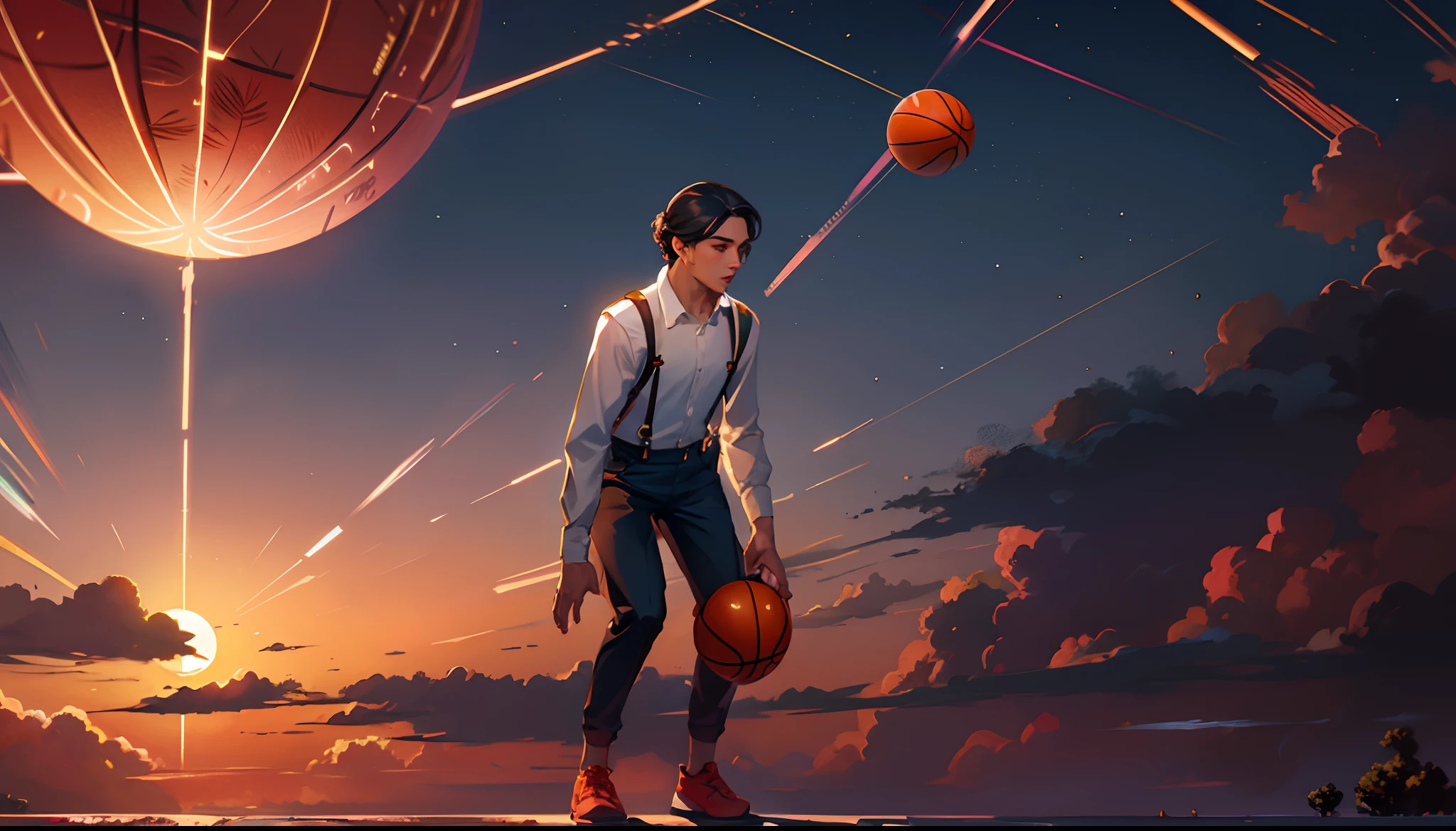 the sunset,eventide,middle parted hairstyle,Suspenders,Left-handed basketball,meteors(Swipe left),Lychee tree,Five fingers clear,Two feet
