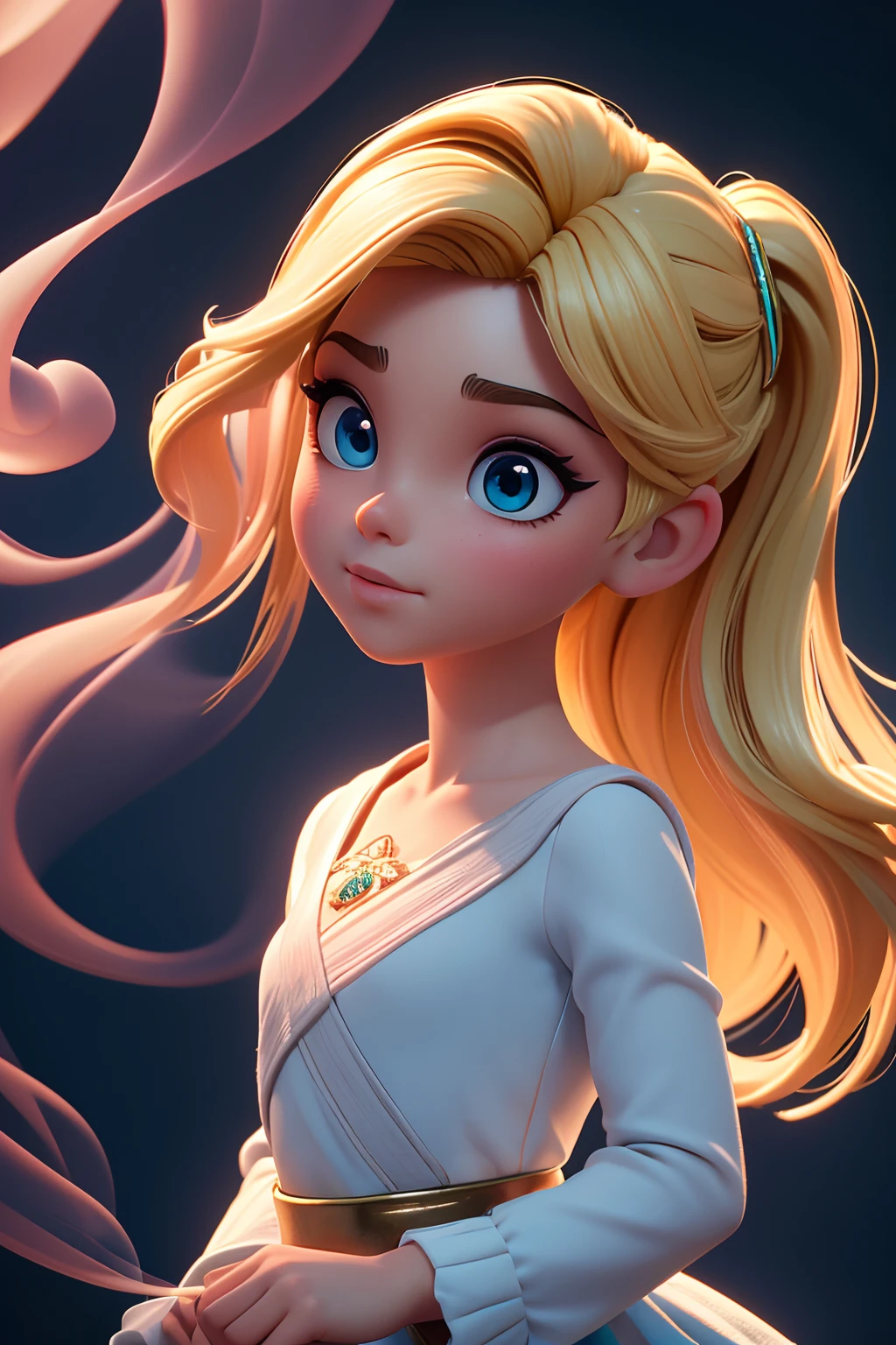 (master part),((Alta qualidade d)),(melhor bonito:1.2),(obra de arte de um),((Face estereoscópica 3D)),8k,(Disney),Uma menina com um rosto bonito,Cabelo encaracolado amarelo,blush fraco,Usando um top de renda preto,Fique em um palco moderno,His eyes were focused on the distance,she's a singer,The background is blurry and mysterious,iluminado pela luz,Enchanted expression,artistic design,tridimensional,fotos em close-up,((The side is full of smoke)),