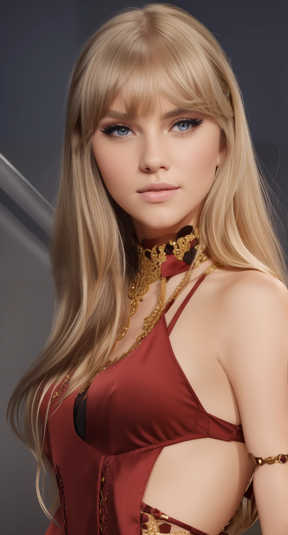 Taysway, upper body, black background, studio lighting, long blonde hair, mascara, looking at viewer