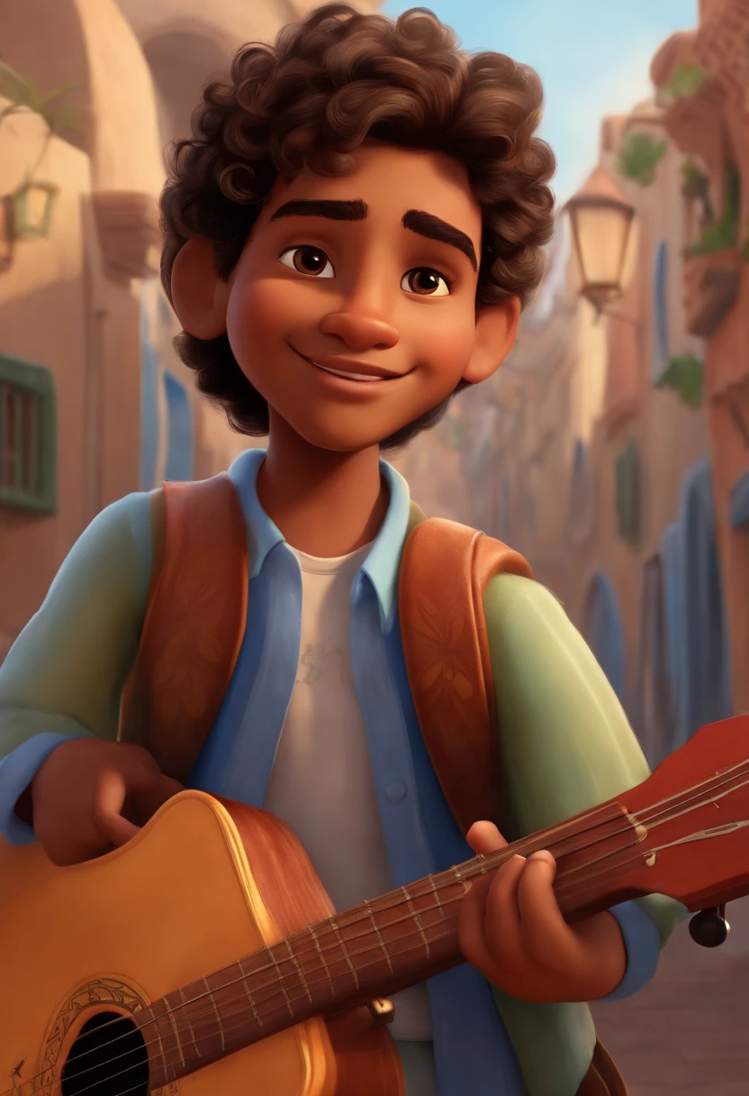 crie um banner no estilo Pixar. A boy with Indian features, moreno pardo com cabelos curtos, Castanhos escuros, Curly and slightly grayish appearance, mas jovem, usando uma camiseta, Wearing jeans and holding a classical guitar with 7 strings.