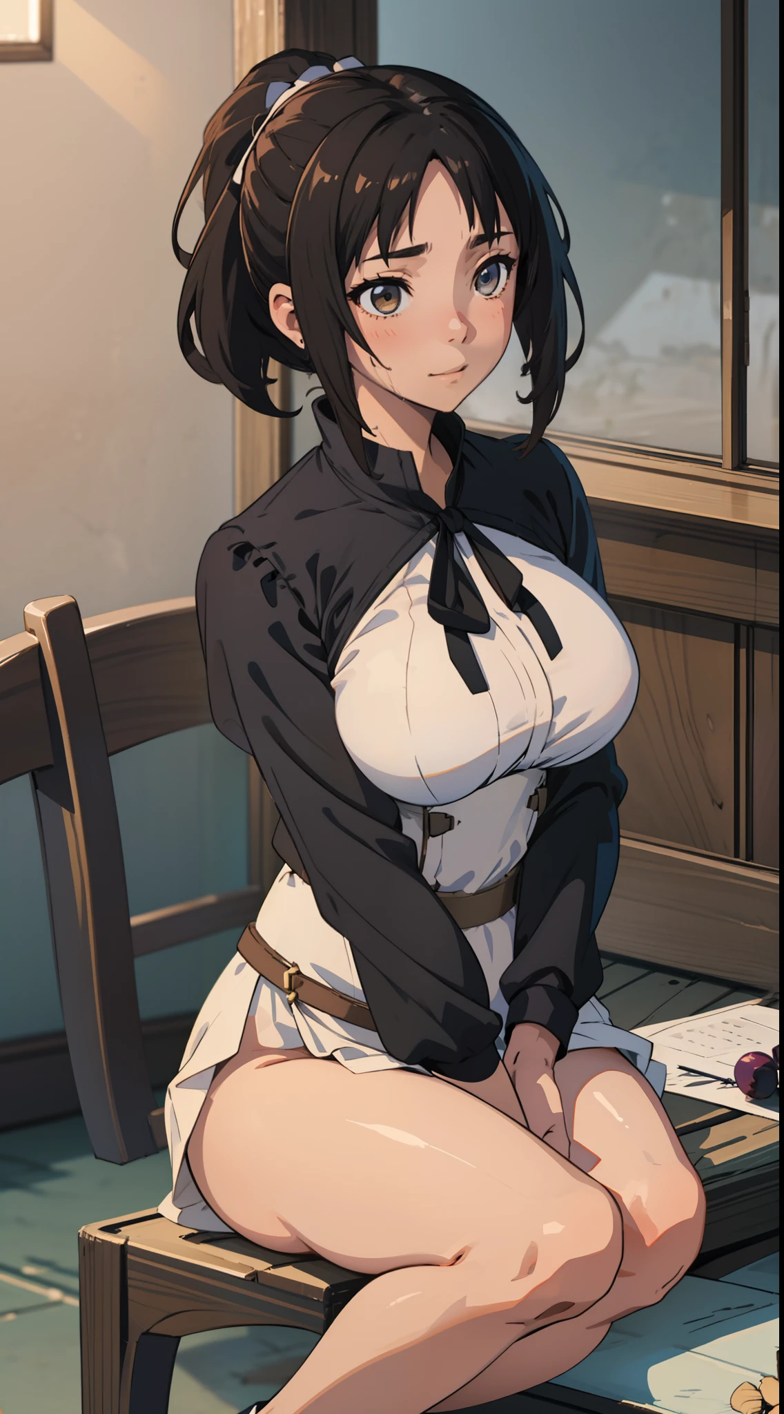 beautiful, tmasterpiece, Best quality at best, Extremely detailed face, Perfect lighting, 1girl, hyouka, hyuga hyuga, By bangs, empty_eyes, black_hair, blunt_bangs, White eyes,No Pupil,ssmile, 独奏, hair straight, The upper part of the body, perfect bodies,White suspenders,Black shorts,Sit in the room,Be red in the face, hentai, big tits, big ass, sweaty, wet, tied, having sex, 1 men
