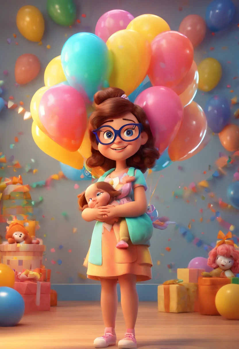 Estilo Pixar: The adult woman in glasses is carrying a beautiful one--old l in a beautiful colorful dress at her birthday party with colorful balloons in the background ,3D Poster,Disney