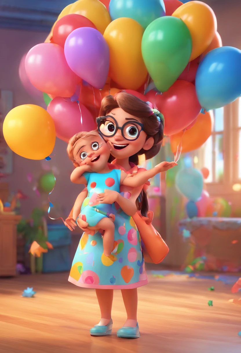 Estilo Pixar: The adult woman in glasses is carrying a beautiful one-year-old baby girl in a beautiful colorful dress at her birthday party with colorful balloons in the background ,3D Poster,Disney