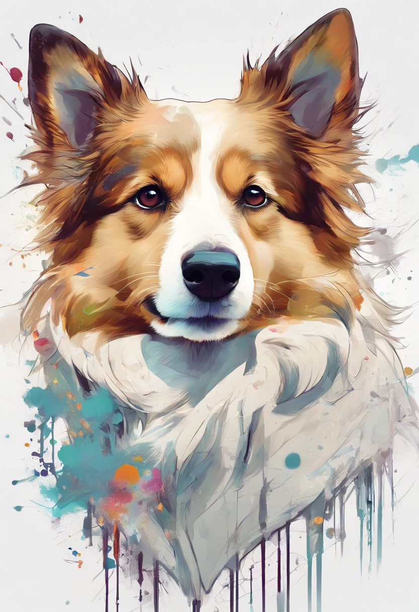 Splash Art, Shetland Shetland Shepherd Dog, ((White background)), Piercing eyes, epic instagram, art  stations, Color paint splash style, outlines, Ultra detailed intricately detailed , Illusion Engine, Fantastical, intricate detailes, Splash Screen, Complementary color scheme,