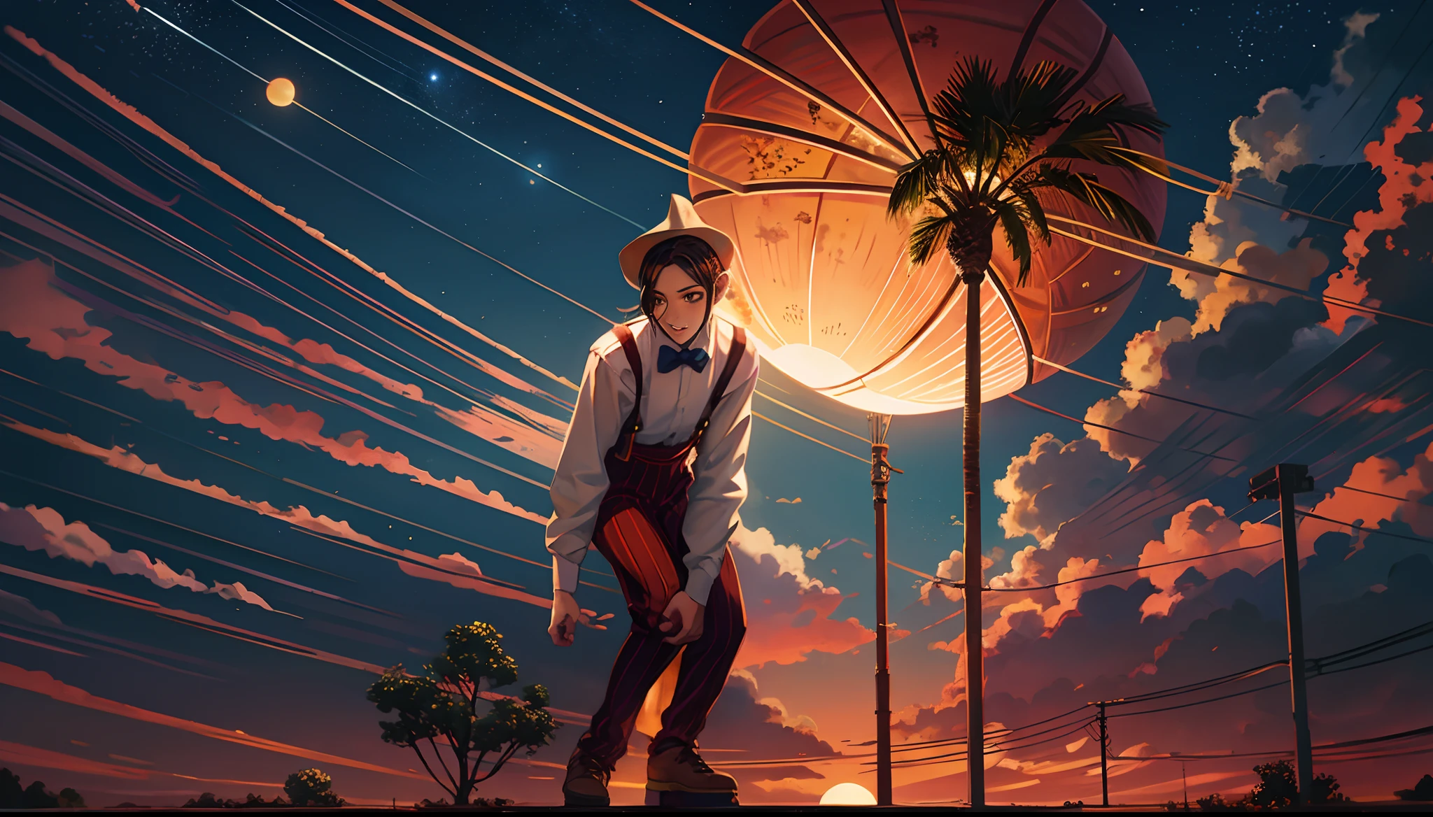 the sunset,eventide,middle parted hairstyle,Suspenders,Left-handed basketball,meteors(Swipe left),Lychee tree,Five fingers clear,Two feet