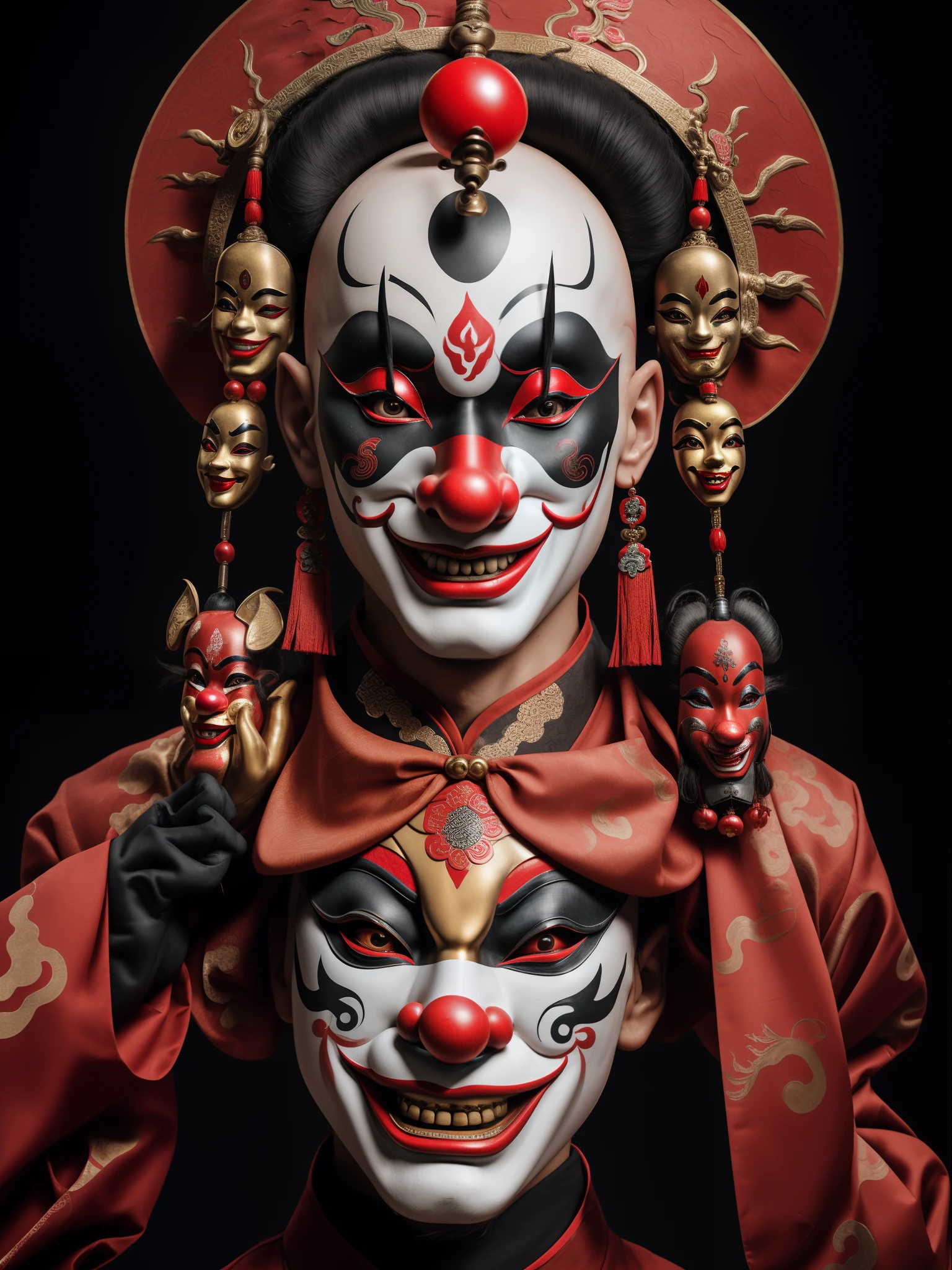 ((Close-up of a bald Sichuan opera clown with exaggerated laughter), (bald-headed:1.37),The upper part of the body,Center your face,Big red nose,Big red nose,Panda makeup,Smoky makeup,crazy, clown face,Clown makeup, (Sichuan opera、beijing opera,Masks), Sichuan opera, Classic tracks, Masquerade masks,golden colored,red colour,colorful mask,Evil smile, Open your mouth and laugh,Black P masquerade mask, with detailed facial features, drama masks, Realistic, (Left and right asymmetry)
Masterpiece, Intricate details,hyper HD, Masterpiece, ccurate, Anatomically correct, Textured skin, High details, Award-Awarded, High quality, A high resolution, Best quality, 8K