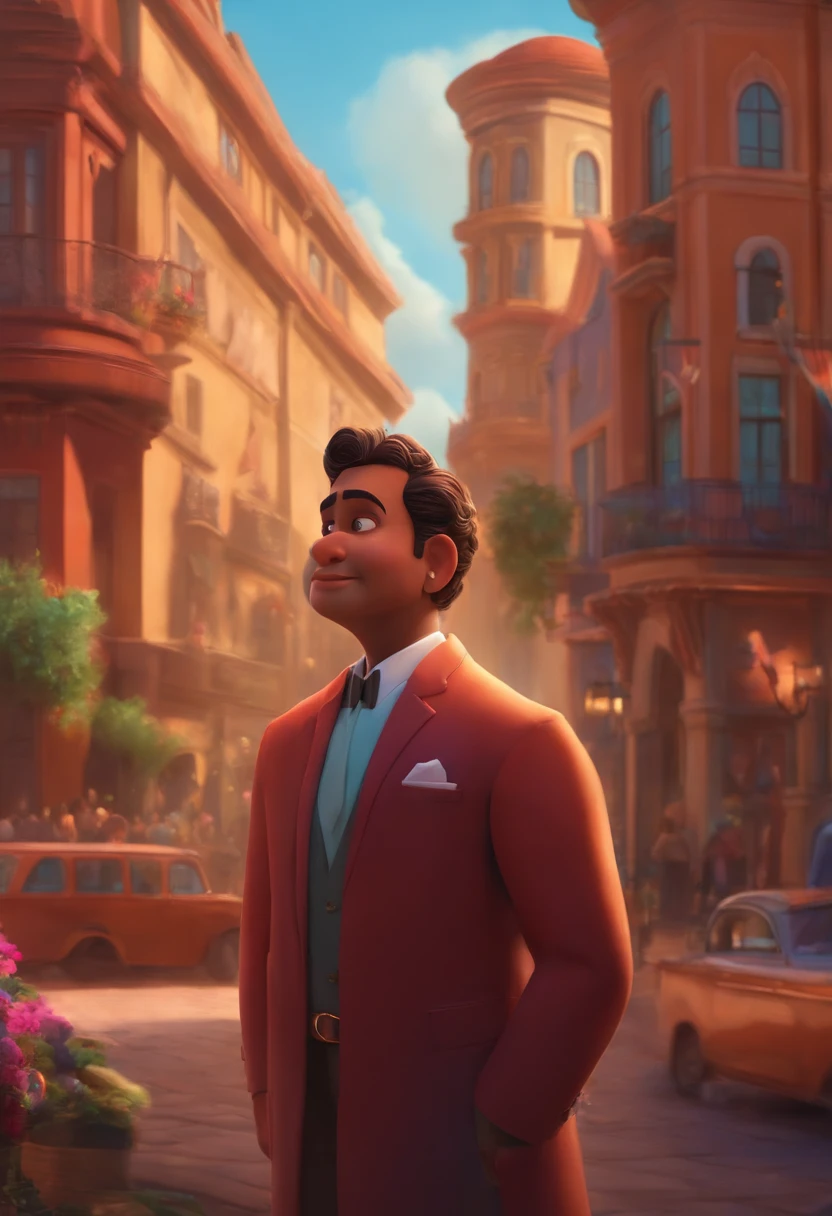 A city councilman looking at a dream project inspired by Pixar animation, de perto. The character takes center stage with captivating facial expressions, oferecendo um toque de irrealidade