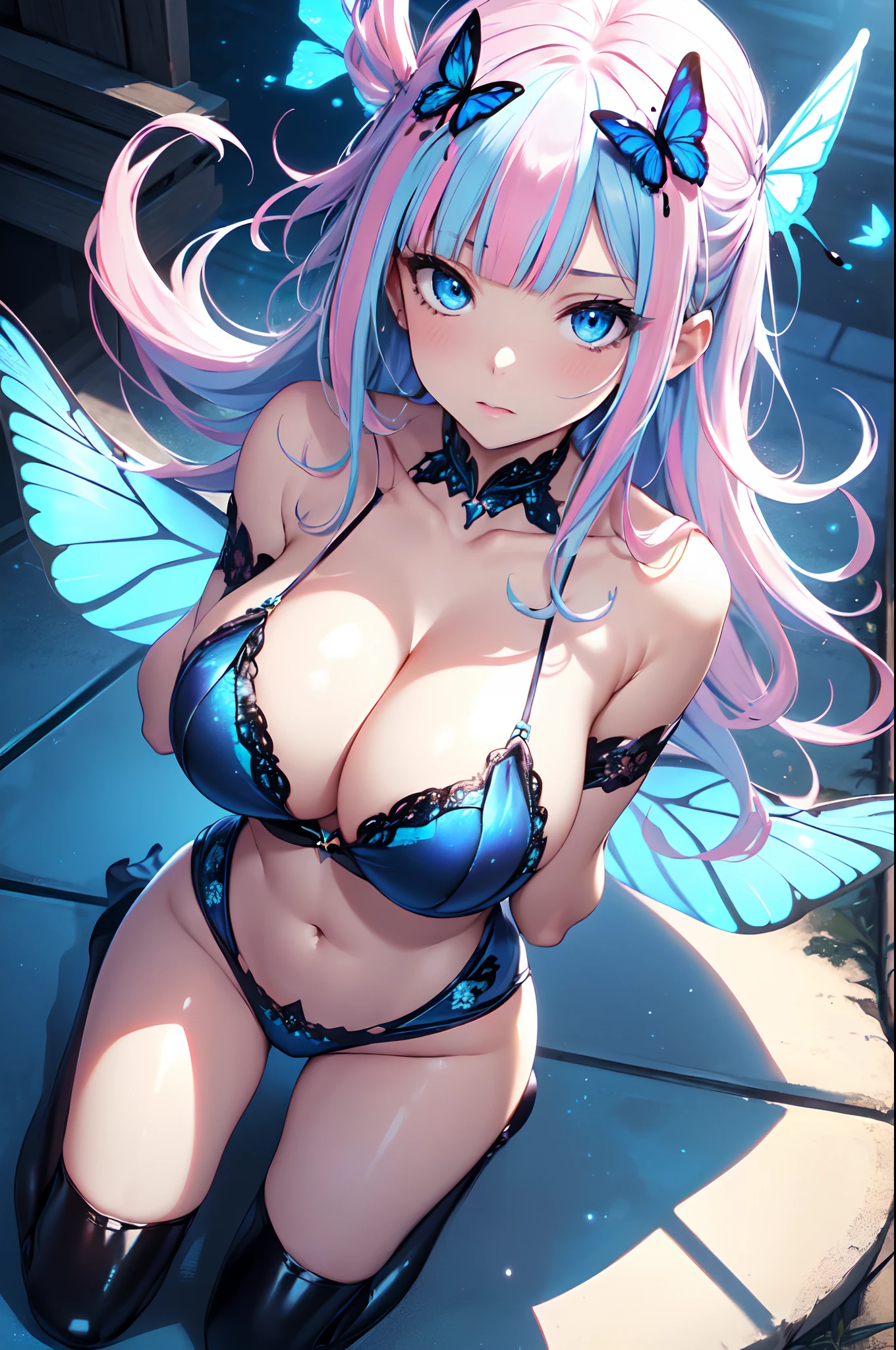 Illustration of a cute bikini model girl, (Anime style:1.2), masutepiece, Best Quality, ultra-detailliert, 4K, absurderes, hight resolution,(((masterpiece, best quality)))((masterpiece:1.5)), (best high quality, ultra high res, ultra highly detailed, 4k:1.3),((perfect hands, perfect fingers, perfect legs)),1woman, looking at viewer ,full body shot, 30 years old, ((light blue eyes)),((round eyes)), big breasts, sweat, white skin, (((skinny))), sweat,((shiny body, shiny skin, big breasts)), (((masterpiece, best quality)))((masterpiece:1.5)), (best high quality, ultra high res, ultra highly detailed, 4k:1.3), (((blunt bangs:1.3))), (((pink bob hair))), (((blue colored inner hair:1.3))),(((blue streaked hair:1.3))), ((blue eyes)), ((white skin)),((((shiny body, shiny skin, large breasts)))), dynamic pose , fairy, (( blue glowing eyes)), butterfly hair ornament, (((from above))) , BREAK ,((midnight)), panorama shot , glowing butterfly, ((cleavage:1.3)), bare shoulders, peace sign, witch dress, witch shoes, pumpkin, Halloween, Halloween night, Halloween night scene, night scene, full moon, city lights, moonlight, ((butterfly wings)), ((fly, flying:1.2)), open mouth Laughter, lots of shining butterflies, flying butterflies, perfect legs,((intricate design)) BREAK, Far-reaching, Expansive vista, Overlook, Aerial view