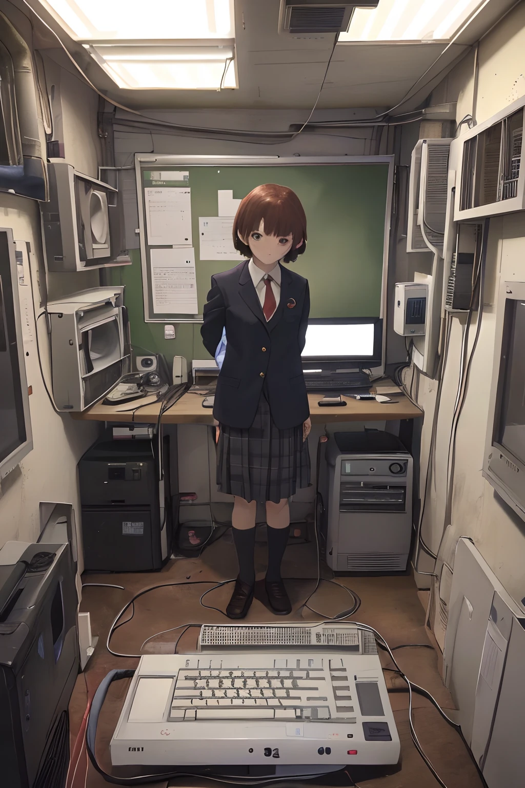 ((masterpiece, best quality;1.3)), ultra detailed, 1girl, solo,Lain Iwakura (Serial Experiments Lain),school uniform, looking at viewer,cute girl, lying, cyber punk, lots of computers, lots of large CRT monitors, hacker's room, lots of power cordS,lots of power keyboards, FROM above, white board,