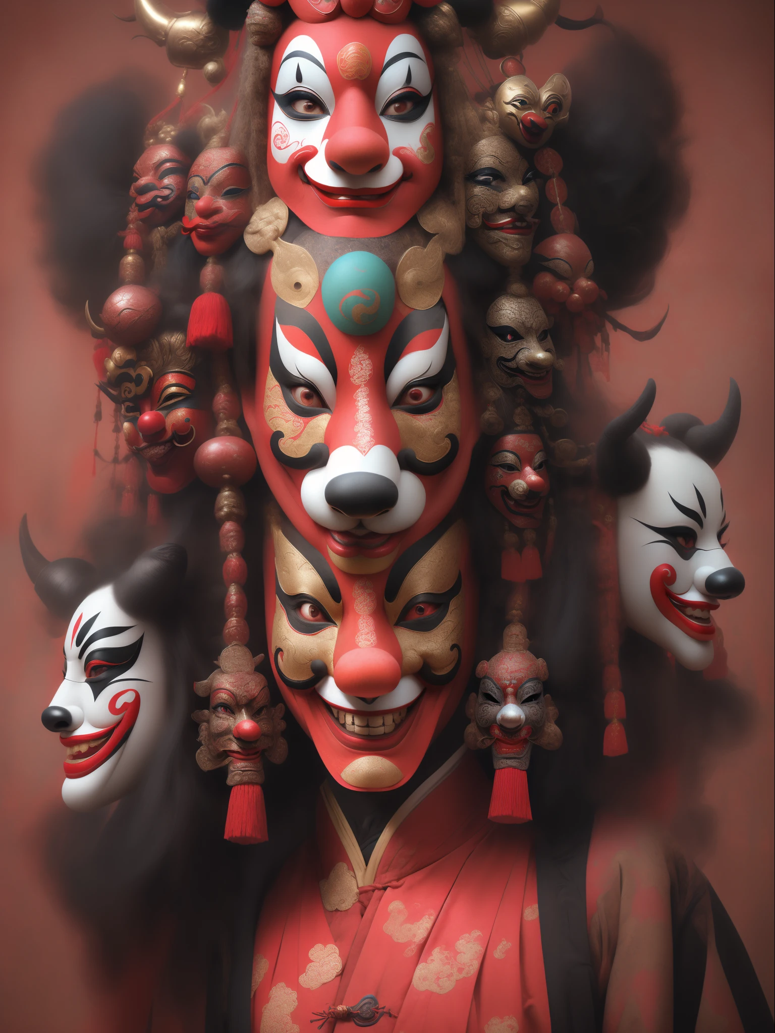 (A close-up of an actor being exaggeratedly laughed at by a Sichuan opera clown),The upper part of the body,Center the face,Big red nose,Big red nose,Panda makeup,Smoky makeup,crazy, clown face,Clown makeup, (Sichuan Opera and Peking Opera,masks), Sichuan opera, Classic repertoire, Masquerade masks,golden colored,red colour,colorful mask,Evil smile, Open your mouth and laugh,Black P masquerade mask, with detailed facial features, drama masks, Realistic, (Left and right asymmetry)
Masterpiece, Intricate details,hyper HD, Masterpiece, ccurate, Anatomically correct, Textured skin, High details, Award-Awarded, High quality, A high resolution, Best quality, 8K