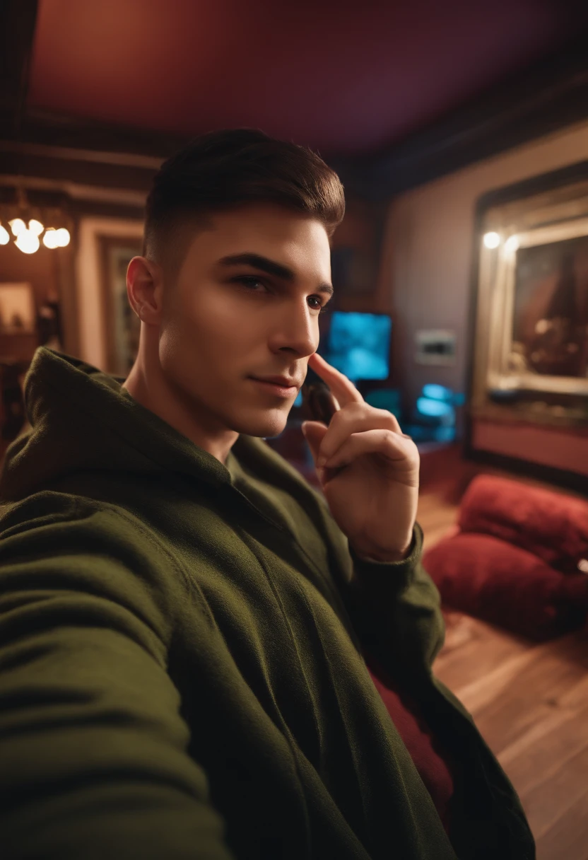 background change, natural man face, with short hair, taking a selfie, gaming stream room.