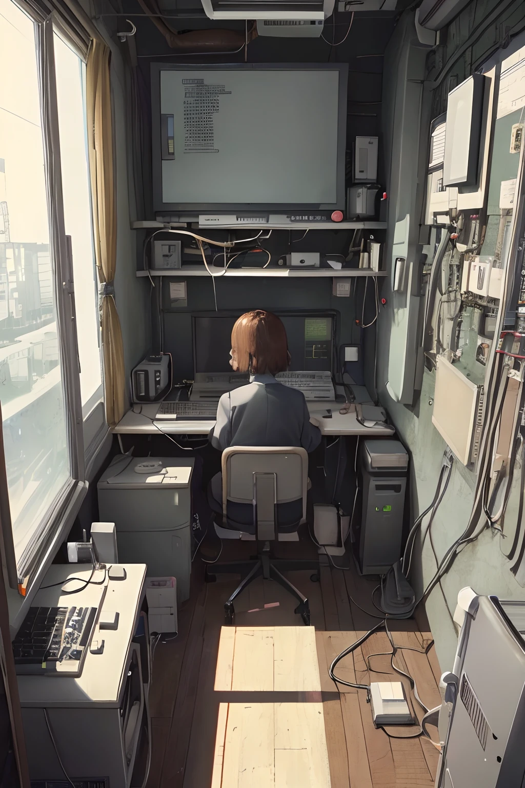 ((masterpiece, best quality;1.3)), ultra detailed, 1girl, solo,Lain Iwakura (Serial Experiments Lain),school uniform, looking at viewer,cute girl, lying, cyber punk, lots of computers, lots of large CRT monitors, hacker's room, lots of power cordS,lots of power keyboards, FROM above, white board,