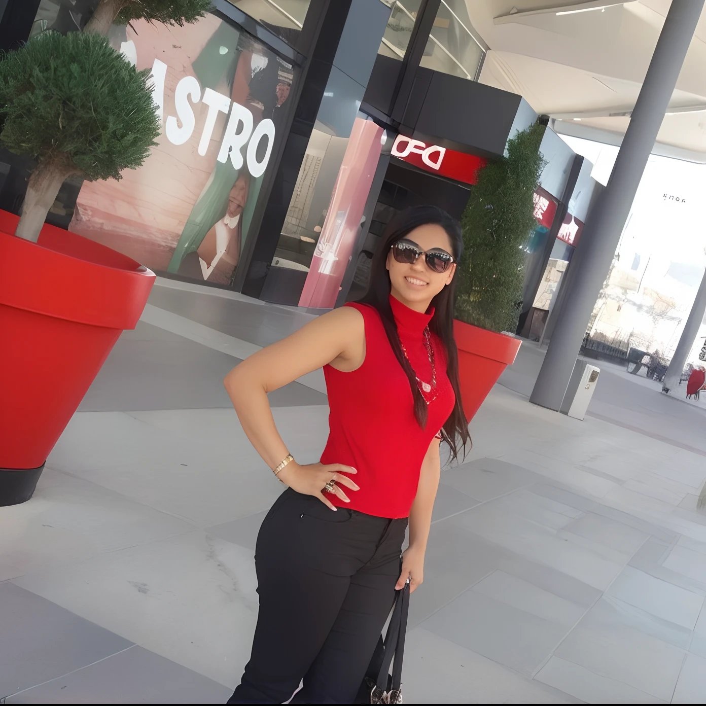 Mujer en top rojo y pantalones negros de pie en la acera con la mano en las caderas, en un centro comercial, En Las Vegas, Ameera africana al Taweel, en la ciudad, en clima soleado, 3 0 years old woman, en rojo y negro, estefania villegas burgos, Bonitas vistas, En Londres, aparecer en un centro comercial, In Paris
