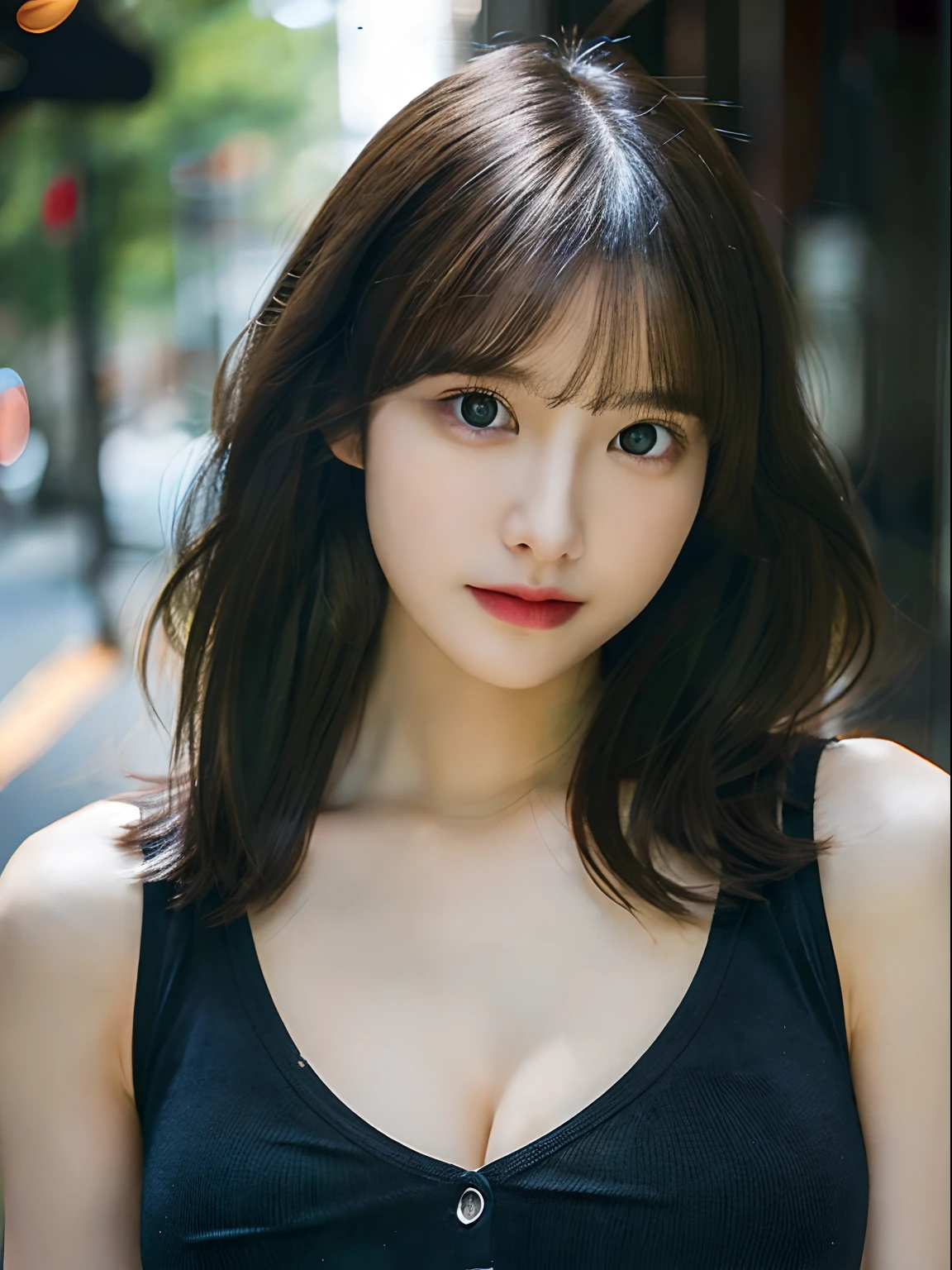 (Lifelike, hight resolution:1.3), 1 girl with a perfect body, super fine face and eyes,length hair,Dark hair, Tank tops, Short jeans, Big boob,Expose cleavage