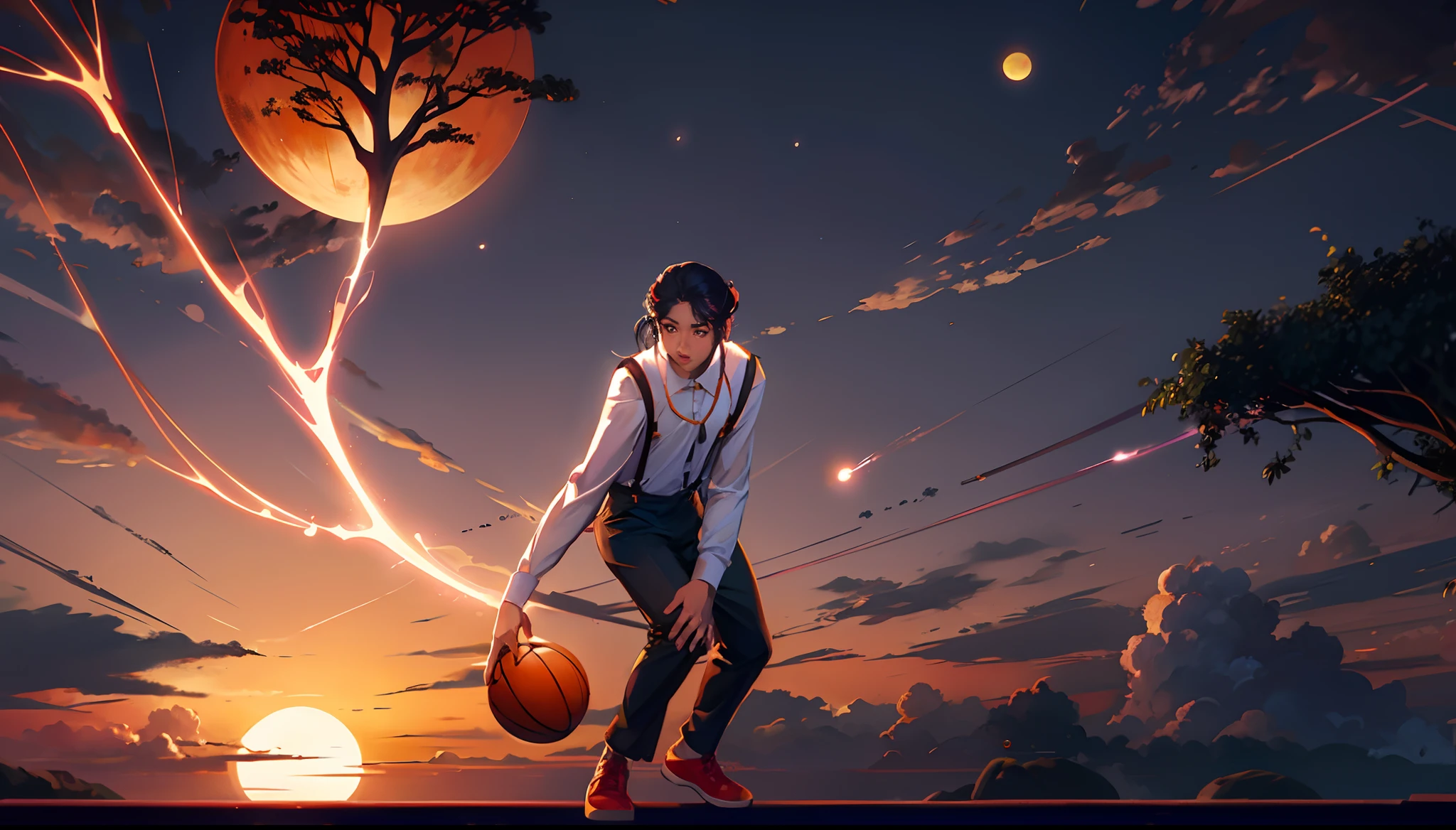 the sunset,eventide,middle parted hairstyle,Suspenders,Right-handed basketball,meteors(Swipe left),Lychee tree,Five fingers clear,Two feet