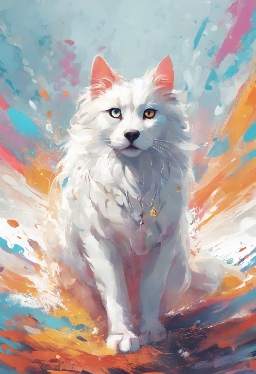 Splash Art, Shetland Shetland Shepherd Cat, ((White background)), Piercing eyes, epic instagram, art  stations, Color paint splash style, outlines, Ultra detailed intricately detailed , Illusion Engine, Fantastical, intricate detailes, Splash Screen, Complementary color scheme,