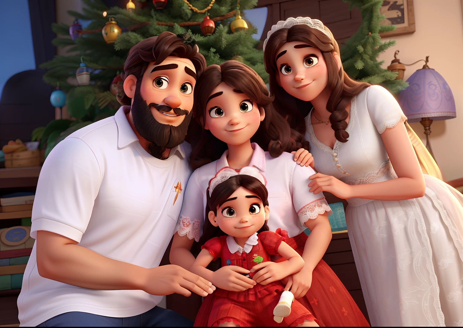 uma familia, um homem com barba, uma mulher, menina, A female babe with lace in her hair, estilo disney pixar, alta qualidade, melhor qualidade