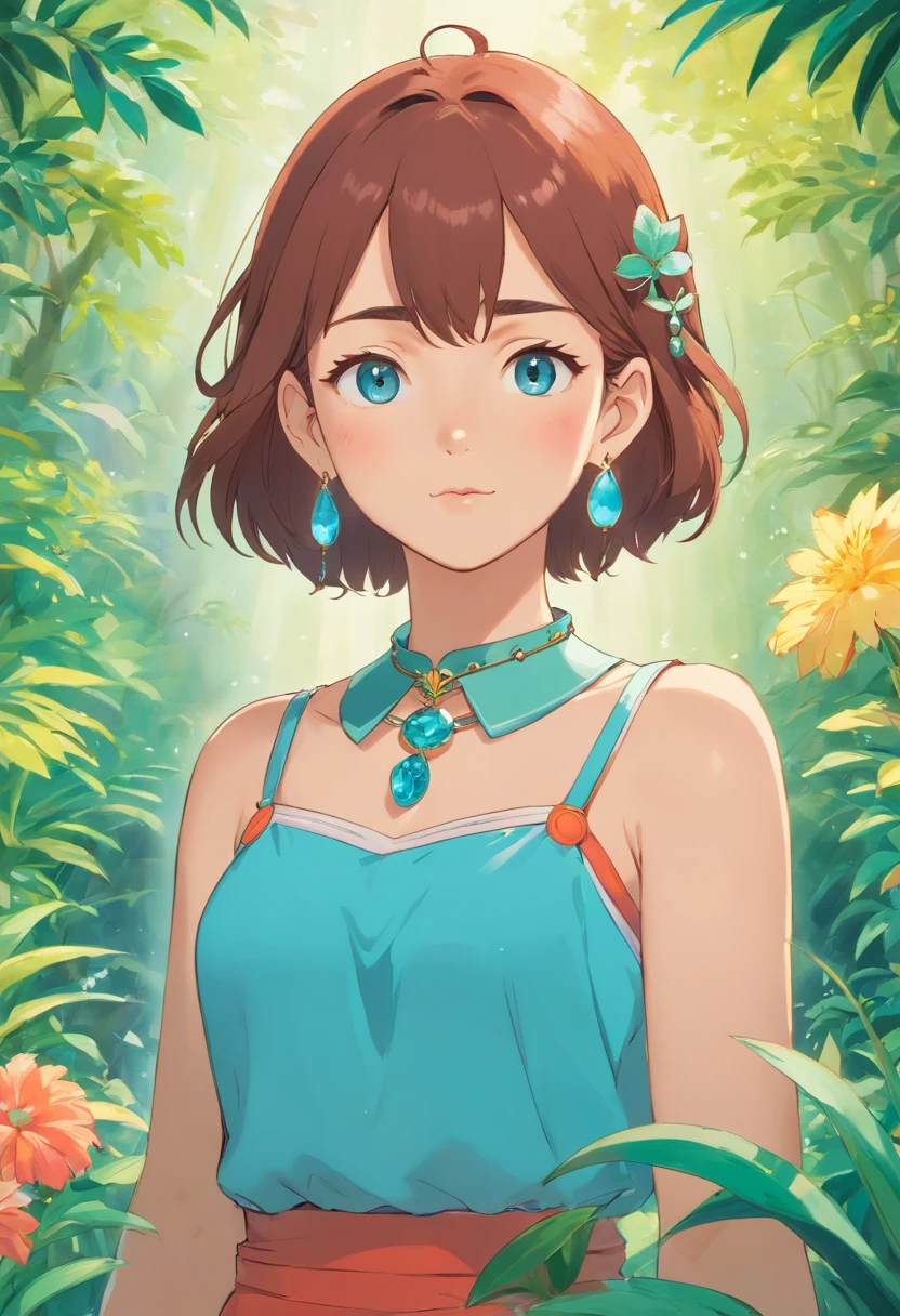 a girl wearing an anime collar, a long necklace and earrings, in the style of tranquil gardenscapes, colorful animation stills, masami teraoka, aquamarine, paul gauguin, Embry style, honest portrayal