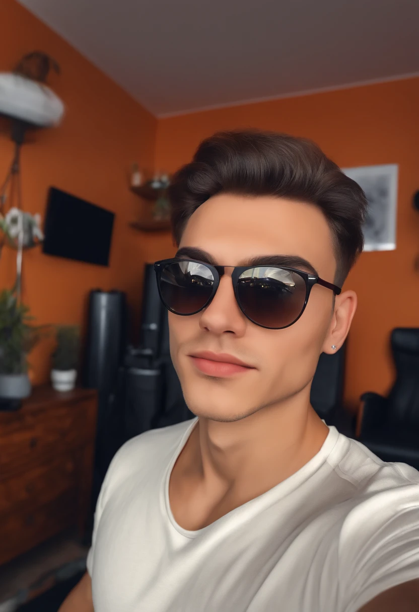 background change, natural man face, with short hair, taking a selfie, gaming stream room.