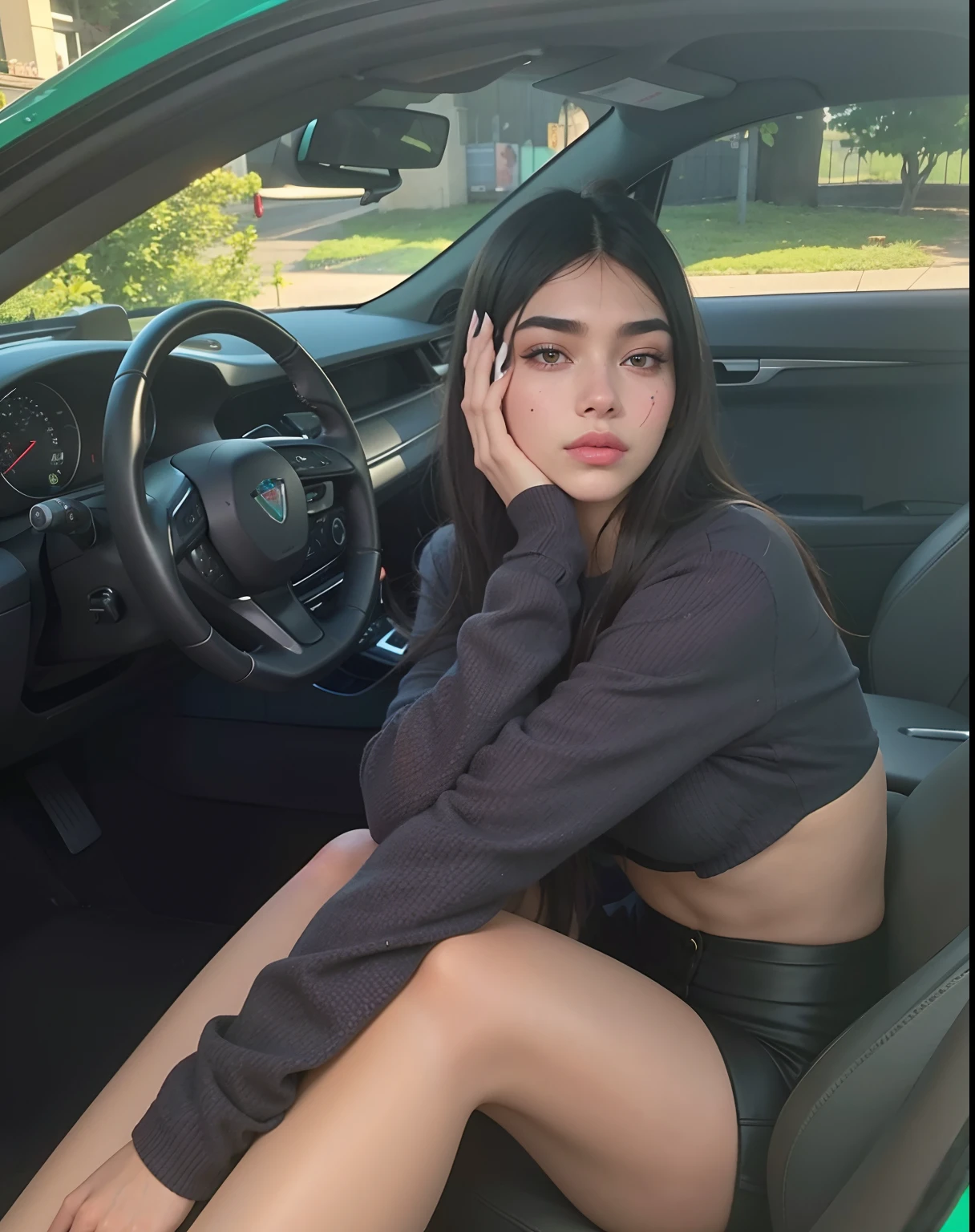 Beautiful woman Arafed in a top sports bra sitting in a car, Retrato Sophie Mudd, 2 Modelo feminina de 4 anos, Violeta Myers, menina em forma, she is wearing a black tank top, two piece workout clothes, Angelina Stroganova, Tonificado, Modelo do Instagram, Mulher de 30 anos, 3 0 anos de idade mulher, tanque preto apertado, Poarch bonito