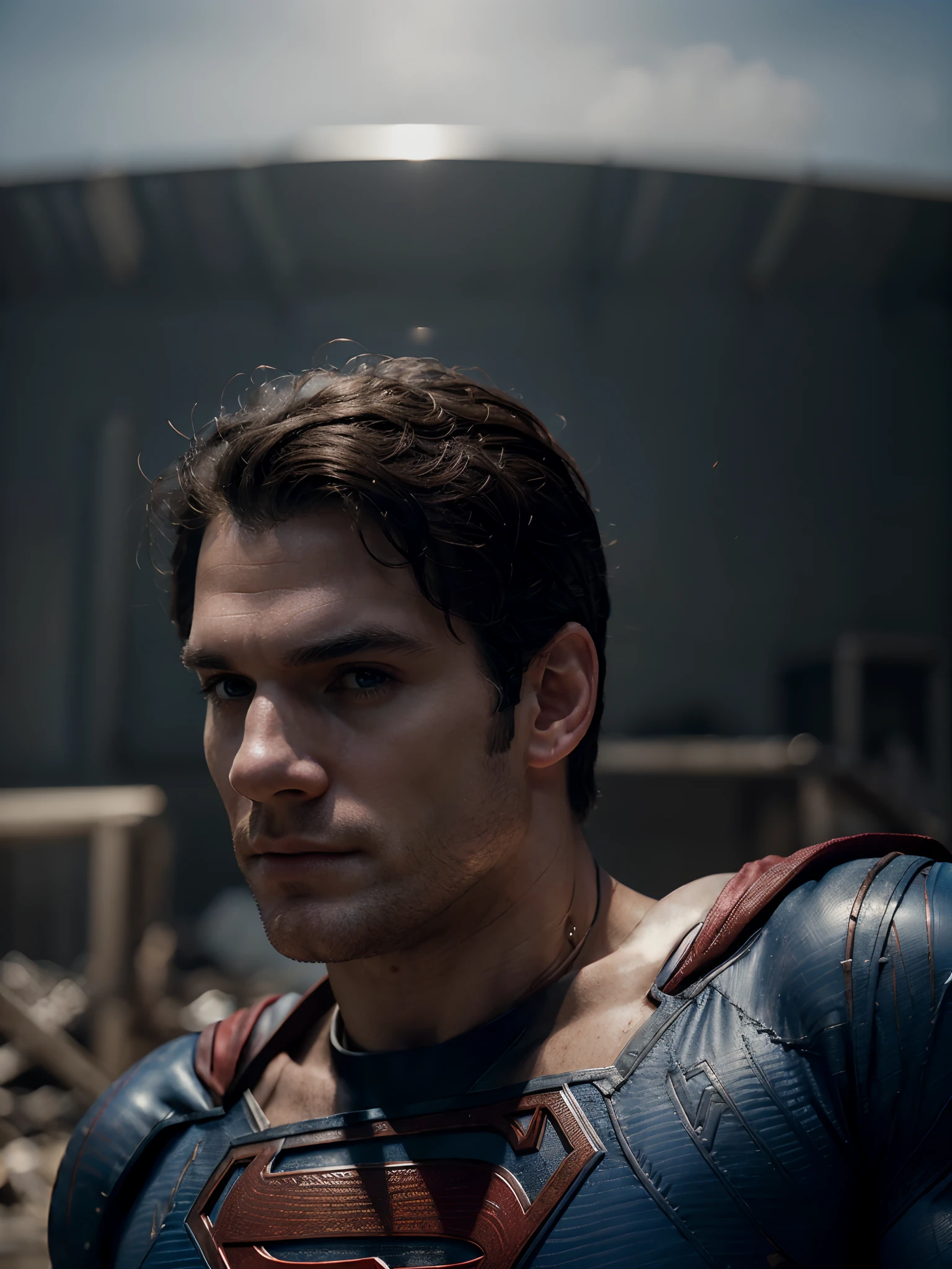 Photo of Henry cavill is superman , superhero, upper body, cinematic, movie, grain movie (2023s)1boy, building destroyed , realistic , (8k, RAW photo, best quality, masterpiece:1.2), (realistic, photo-realistic:1.33), best quality, detailed eyes blue, cute,natural lighting, depth of field, film grain, wrinkled skin, sharp