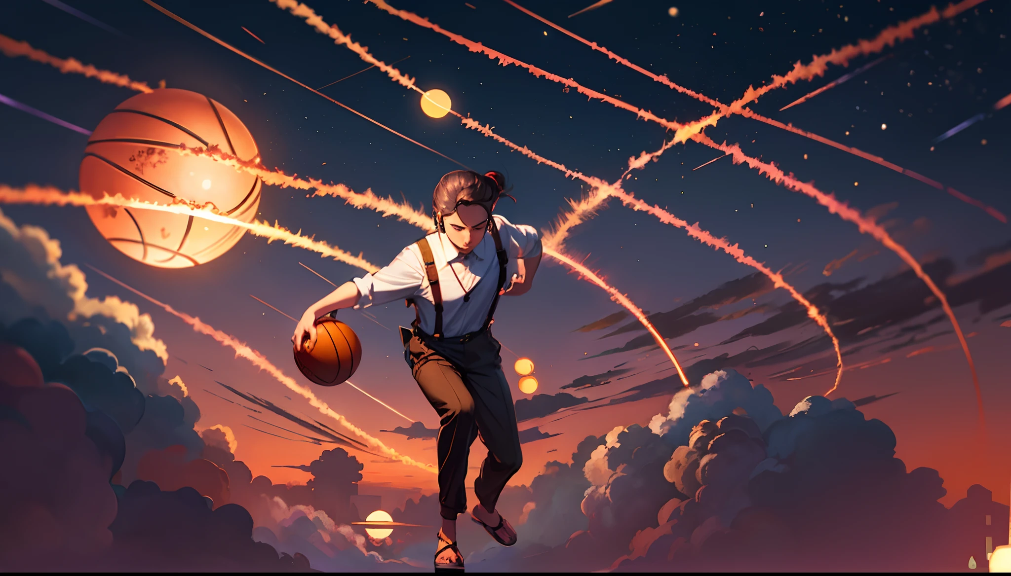 the sunset,eventide,middle parted hairstyle,Suspenders,Right-handed basketball,meteors(Swipe left),Lychee tree,Five fingers clear,Two feet