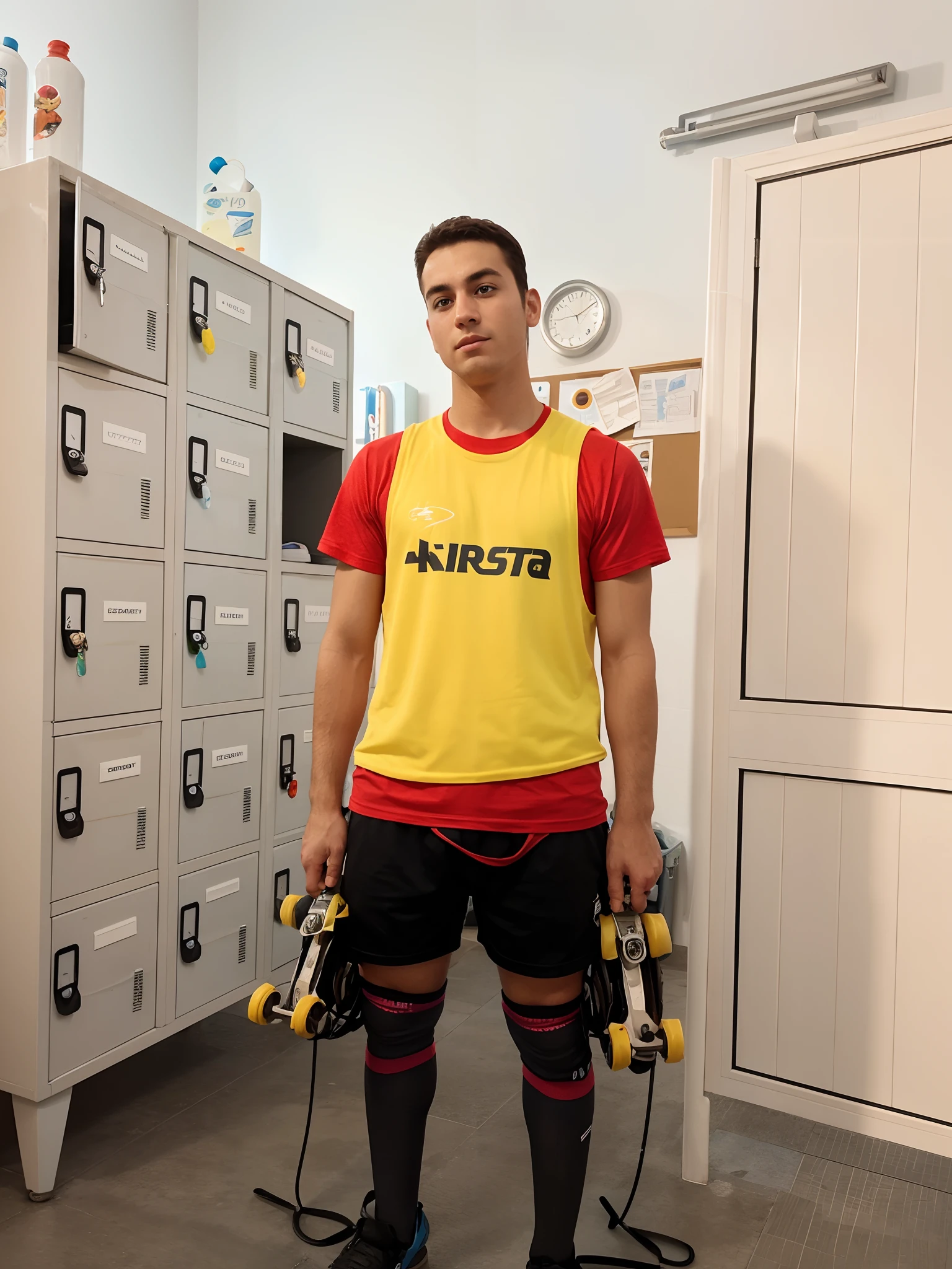 A roller hockey athlete looking at a dream project inspired by Pixar animation, de perto. The character has his skates in his hand and a vest on.