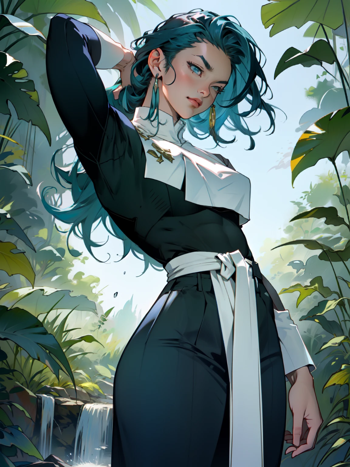 ((Best quality)), ((masterpiece)), ((realistic)), ((beautiful female martial artist)), (milf:1.3), (arrogant woman:1.4) standing tall, her slender form glistening in the golden rays of a summer sunrise. Her eyes, a captivating shade of emerald, pierce through the tranquility of the morning. Her fiery blue hair cascades, contrasting with the vibrant green of the surrounding foliage. With each step, her muscular thighs and perfect muscular long legs portray a sense of power and grace. The tranquil scene unfolds, capturing a moment of raw beauty and confidence on eye level, scenic, masterpiece, (bare torso:1.1), abs, (female focus:1.5), very muscular ripped body, ultra sharp, (sexual suggestive)), traditional marcial artist costume, very thin waist, huge hips