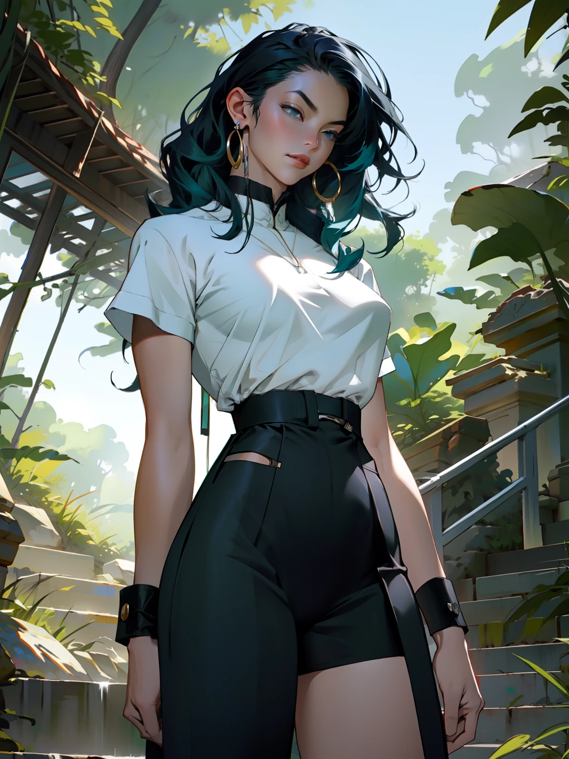 ((Best quality)), ((masterpiece)), ((realistic)), ((beautiful female martial artist)), (milf:1.3), (arrogant woman:1.4) standing tall, her slender form glistening in the golden rays of a summer sunrise. Her eyes, a captivating shade of emerald, pierce through the tranquility of the morning. Her fiery blue hair cascades, contrasting with the vibrant green of the surrounding foliage. With each step, her muscular thighs and perfect muscular long legs portray a sense of power and grace. The tranquil scene unfolds, capturing a moment of raw beauty and confidence on eye level, scenic, masterpiece, (bare torso:1.1), abs, (female focus:1.5), very muscular ripped body, ultra sharp, (sexual suggestive)), traditional marcial artist costume, very thin waist, huge hips