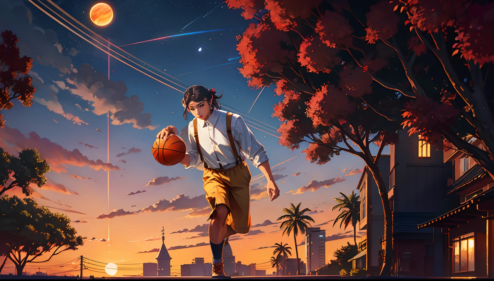 the sunset,eventide,middle parted hairstyle,Suspenders,Right-handed basketball,meteors(Swipe left),Lychee tree,Five fingers clear,Two feet