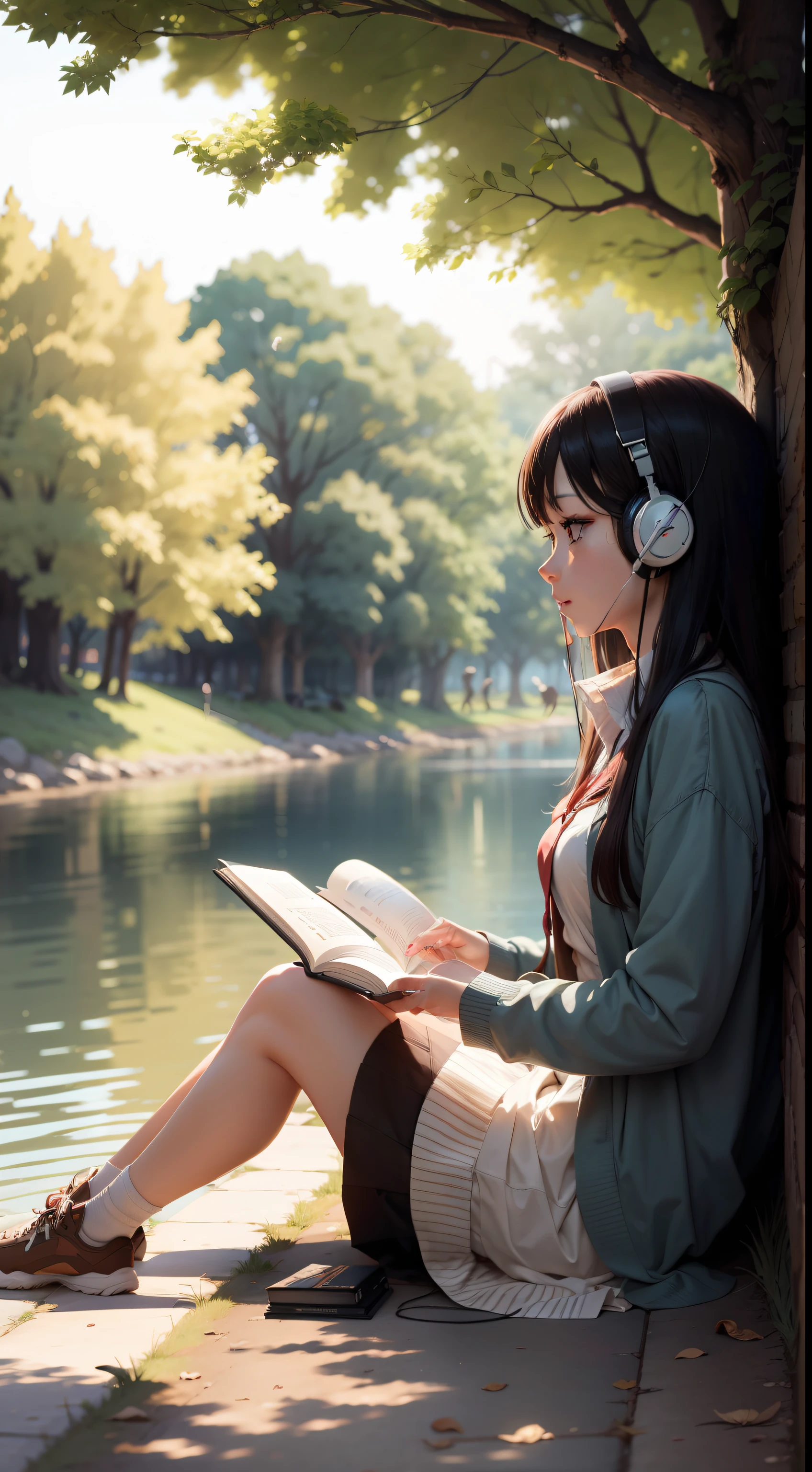 "Anime reading while listening to music under a tree near the river with birds."