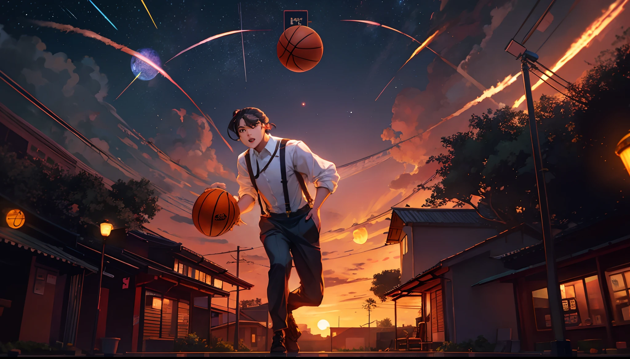 the sunset，eventide，middle parted hairstyle，Suspenders，Right-handed basketball，meteors（Swipe left），Lychee tree，Five fingers clear，Two feet