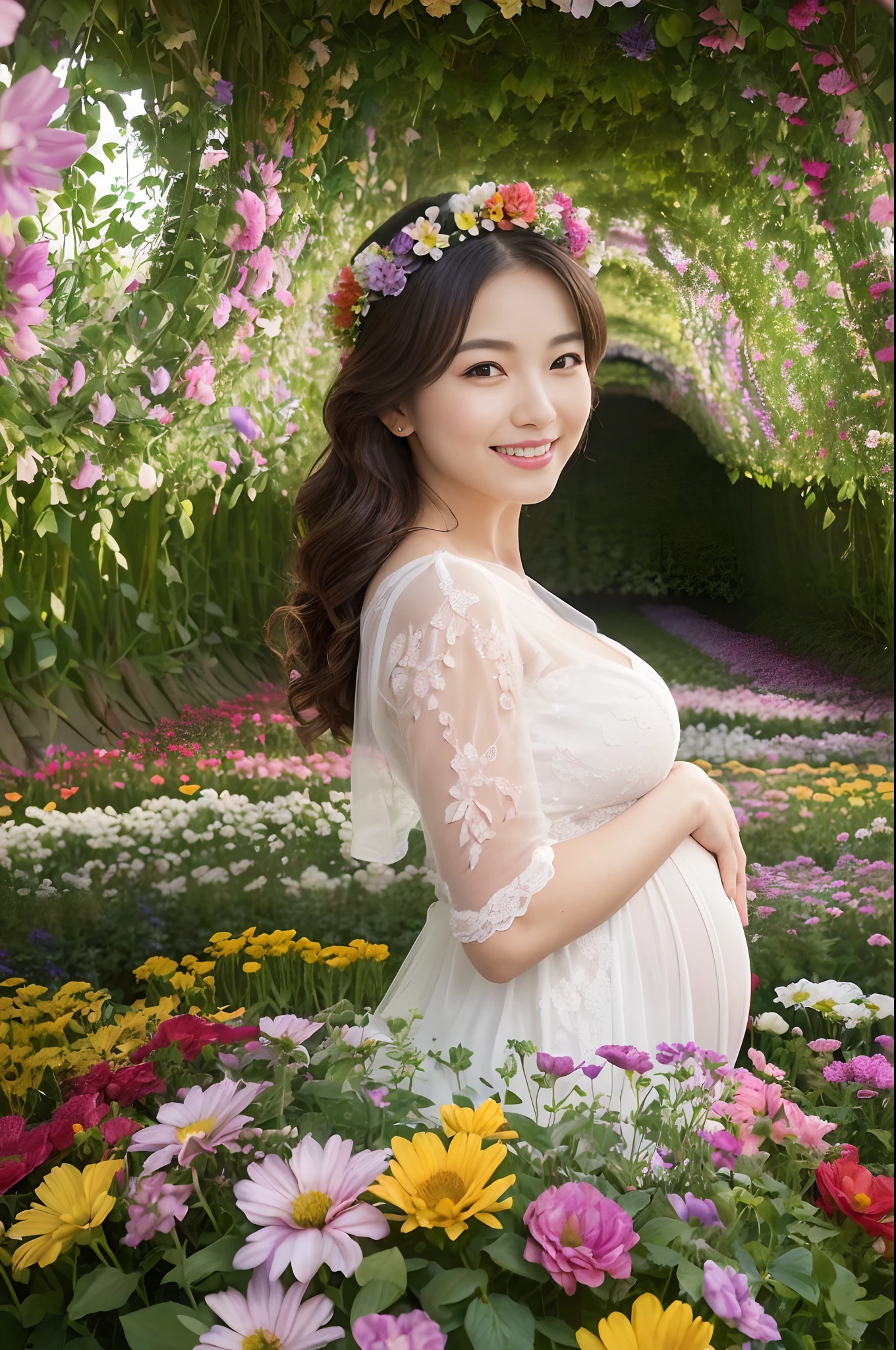 ((1 person beauty,Pregnancy,The most beautiful faces in Japan,Beautiful expression,40 year old,adultlike face,Perfect gas chamber,Shooting from the knee up,A detailed face,The biggest smile staring at the camera,Biggest smile,Stand in a field of colorful flowers,Flower arch,Flower Tunnel,a large amount of flowers,Surrounded by flowers,the flower crown,Flower garden,Detailed flower garden,Filled with flowers,A tunnel made entirely of flowers,Arches filled with flowers,Everything is filled with flowers,Fill it with flowers without gaps,The whole thing is colorful,Everything is colorful,The largest flower garden in the world,Complex Flower Tunnel,Intricate floral arches,Very bright flowers)),((robe blanche,Long hair,Perfect makeup,large full breasts,The happiest smile,Looking at the camera,look at a camera)),((Turn to this,View here,Perfect fingers,perfect arms,细致背景,top-quality,The ultra -The high-definition,Perfect Anatomy,high-definition RAW color photography,professional photograpy, extremely delicate and beautiful, Extremely detailed,finely detail, Huge file size,Top image quality,8K,Award-Winning Works,masutepiece)