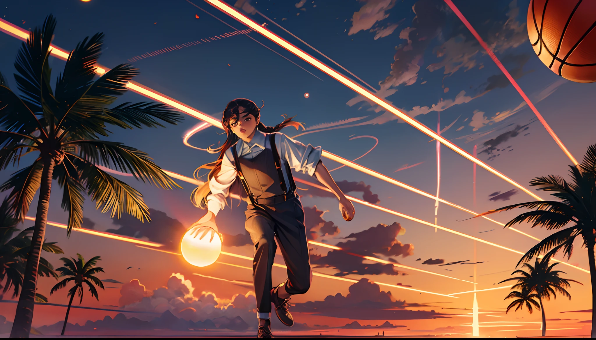 the sunset,eventide,middle parted hairstyle,Suspenders,Right-handed basketball,meteors(Swipe left),Lychee tree,Five fingers clear,Two feet