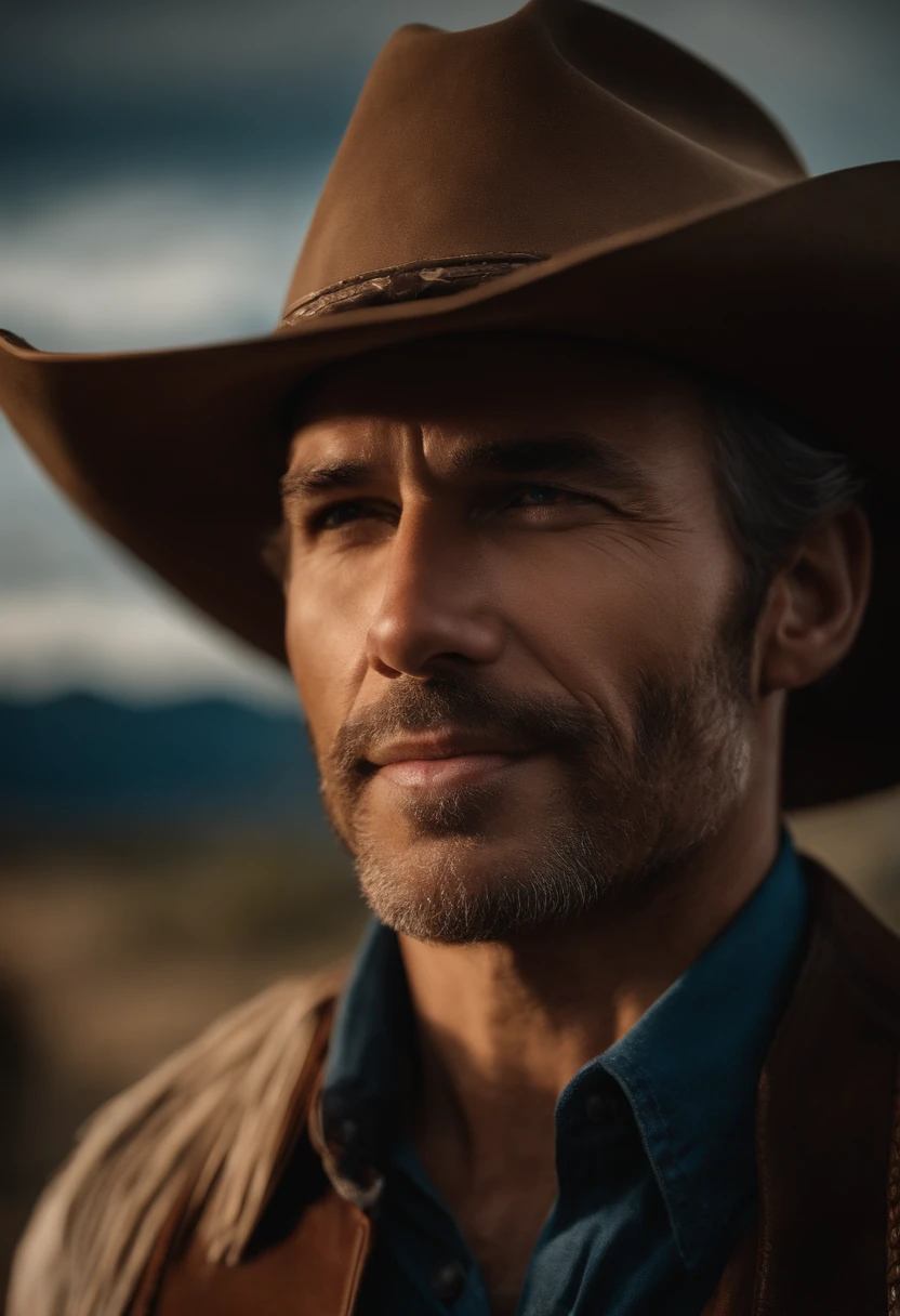 homem feliz , wearing cowboy hat, Cowboy Oeste, side-lighting, dia ensolarado, tiro de meio comprimento, foto de alta qualidade.