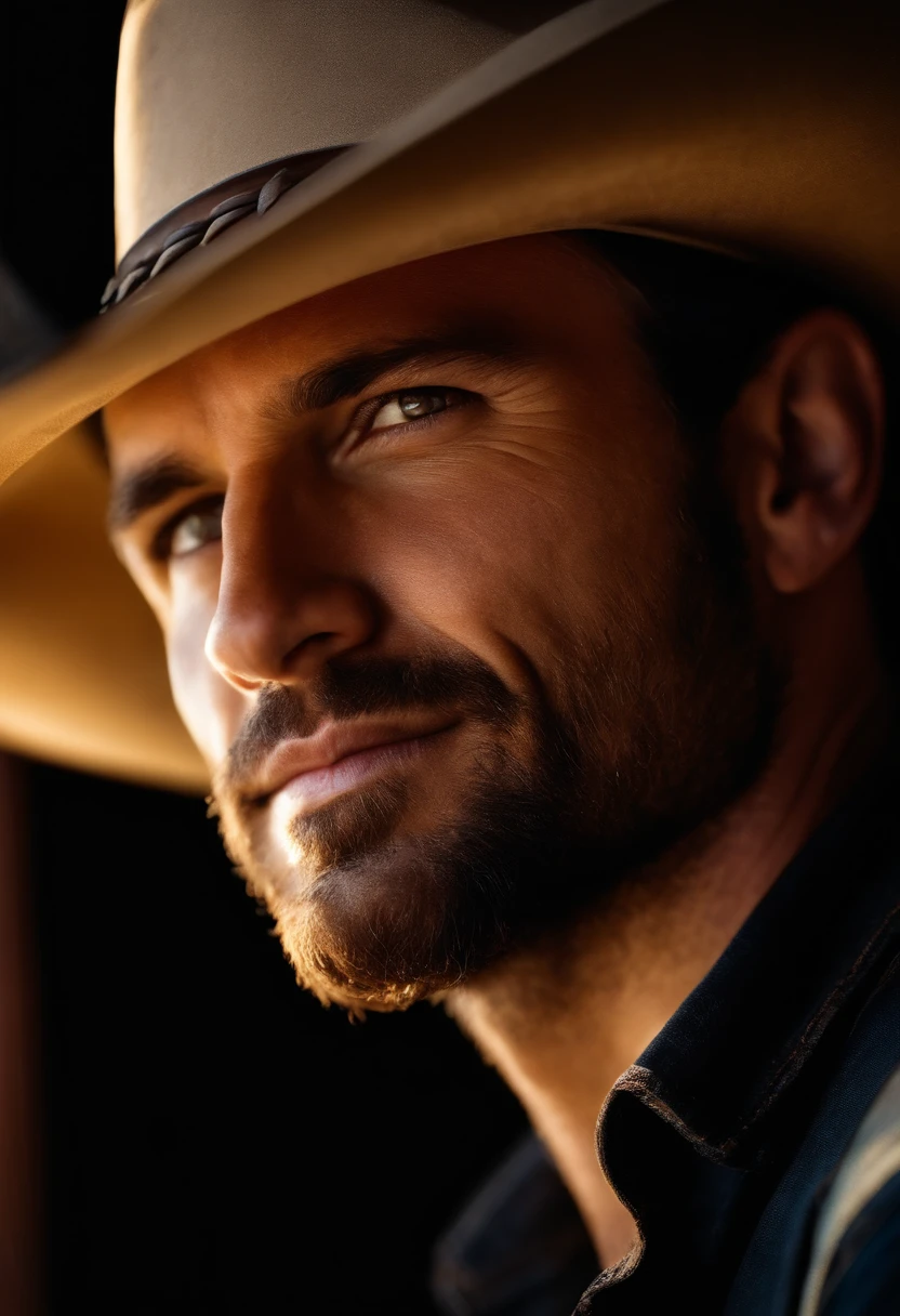 homem feliz , wearing cowboy hat, Cowboy Oeste, side-lighting, dia ensolarado, tiro de meio comprimento, foto de alta qualidade.