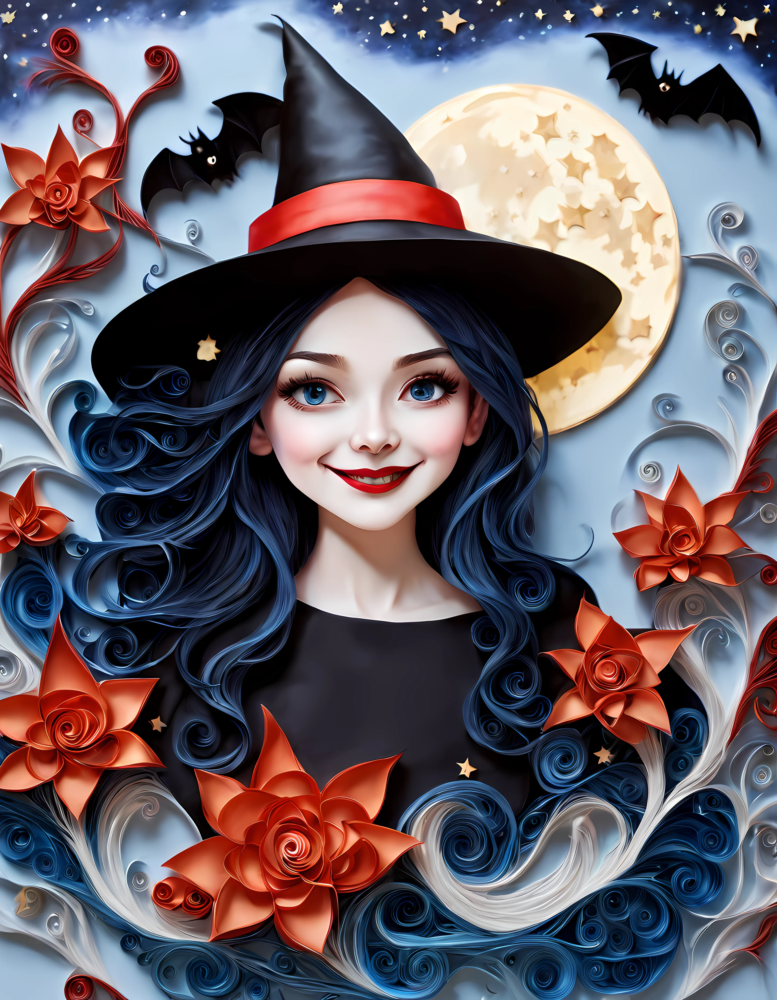 yanzhi,paper quilling, ((view through the crooked branches)), (solo:1.3) (((beautiful witch))) (black hair) ((long red hat)) (((sinister smile))), ((mystical blue flows)), (bats), (((cute little ghosts))), breathtaking ((starry)) moonlit night, (wheat)