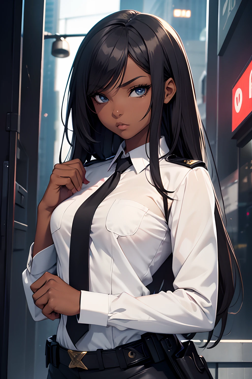 Hot (black) girl, blank eyes, Dominant demeanor, wearing detective clothes, petite, small chest, high quality, Highly detailed