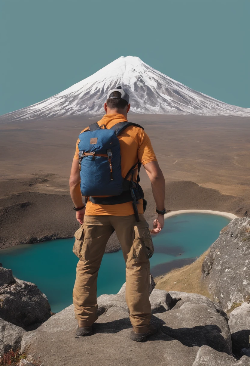 There's a handsome man standing on a mountain with a backpack on his back, vestindo uma camisa laranjada com varios patches colados nela.Montanhas no fundo, com montanhas ao fundo e uma cruz no topo, em frente a uma montanha, usando equipamento de aventura, no topo da montanha, no topo da montanha, roupas de caminhada, Stay close to a volcano, Against the backdrop of a volcano, Vestindo equipamentos aventureiros,Arte de anime bonita e detalhada,Um ligeiro sorriso,virado para a frente,Personagem mascote,baby
