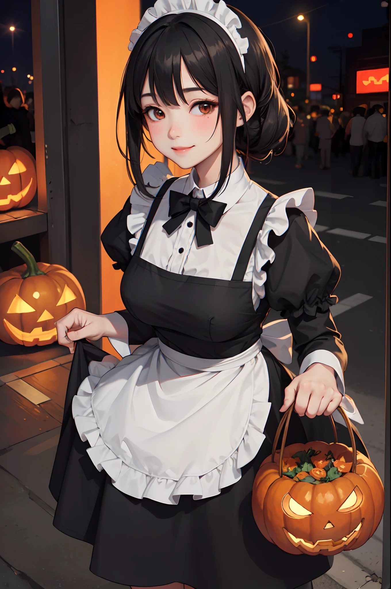 1lady standing, /(maid clothing apron/), mature gemale, /(black hair/) bangs, blush kind smile, (masterpiece best quality:1.3) delicate illustration ultra-detailed, large breasts BREAK /(streets of Shibuya/) outdoors, jack-o'-lantern Halloween parade, crowded audience