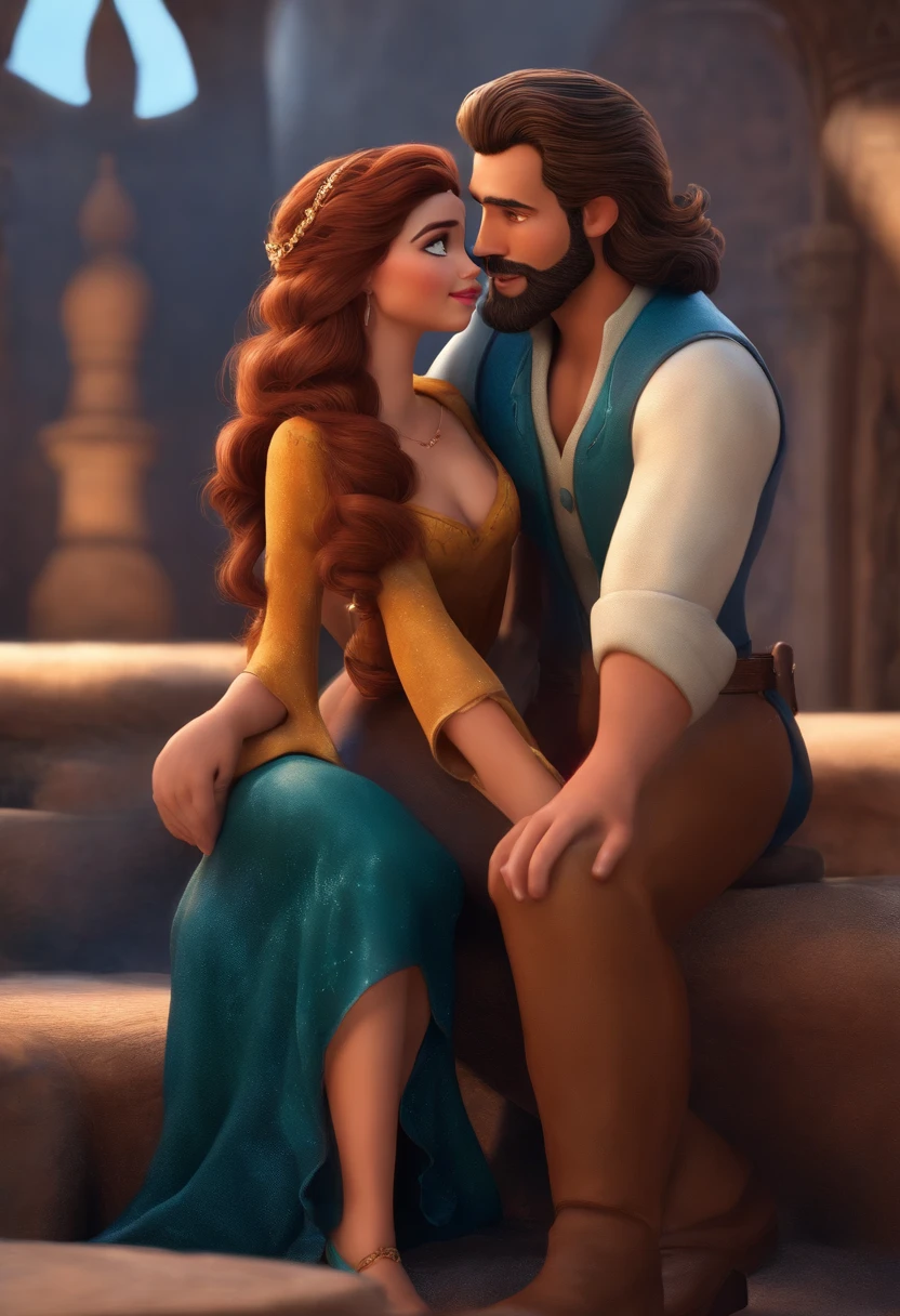 Casal estilo disney pixar melhor qualidade alta qualidade. Homem moreno cabelo comprido crespo barba e mulher loira olhos azuis cabelos longos lisos