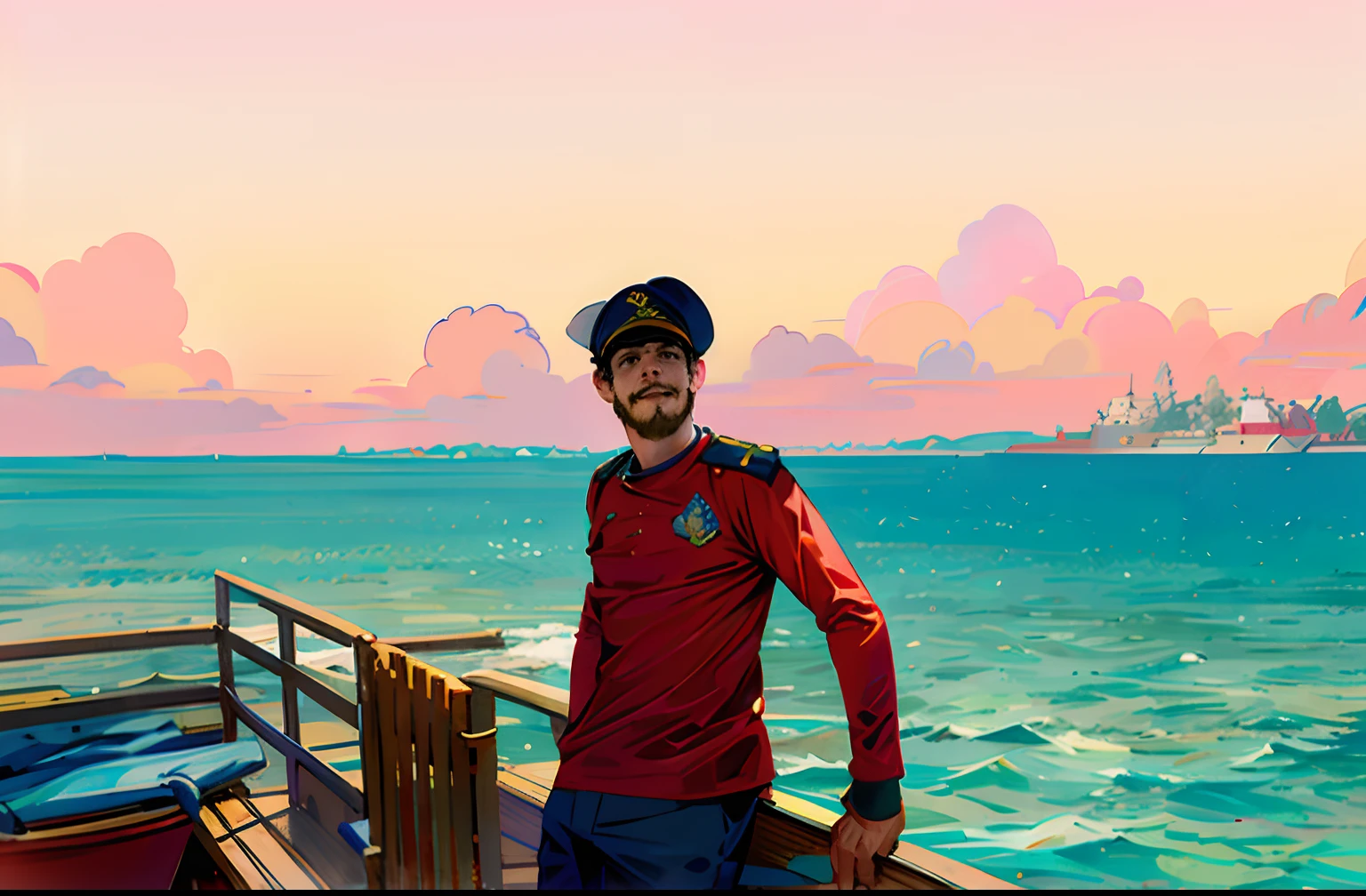 There's a man standing in a boat on the water, em um barco, lucas graziano, no meio do oceano!!!!!, Homem de 26 anos em um veleiro, divertindo-se, on the ocean water, Wesley Kimler, no oceano, vestindo um pescador 🧥, em um barco em um lago, wearing a red captain's uniform